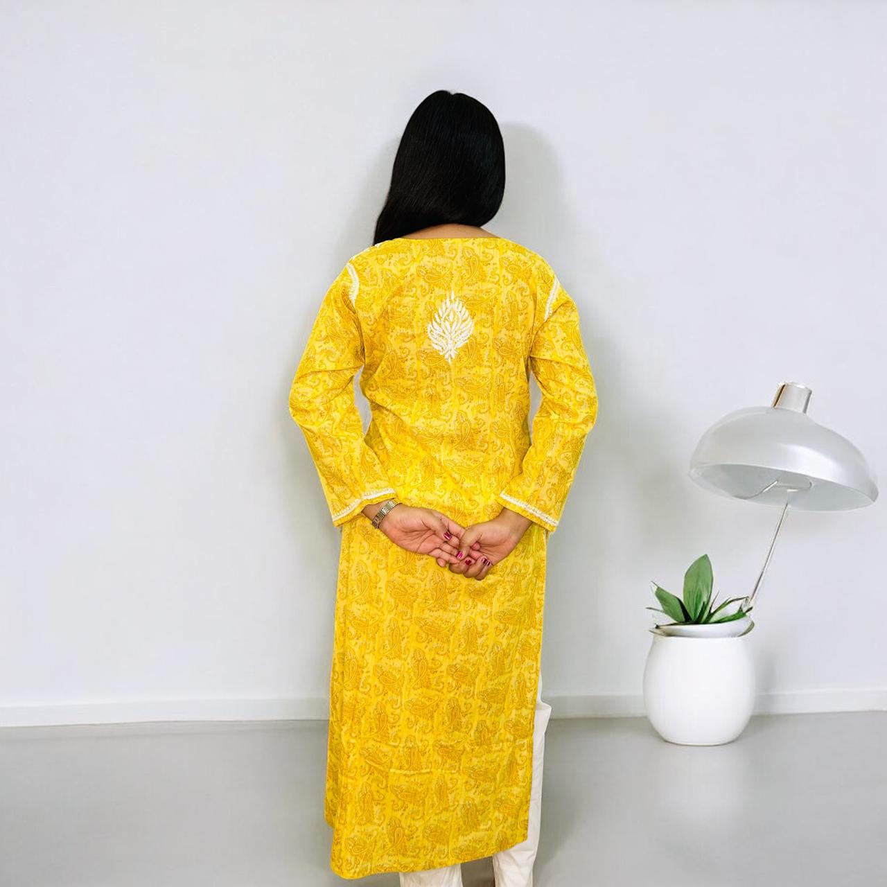 Chikankari Long Cotton Kurta Yellow