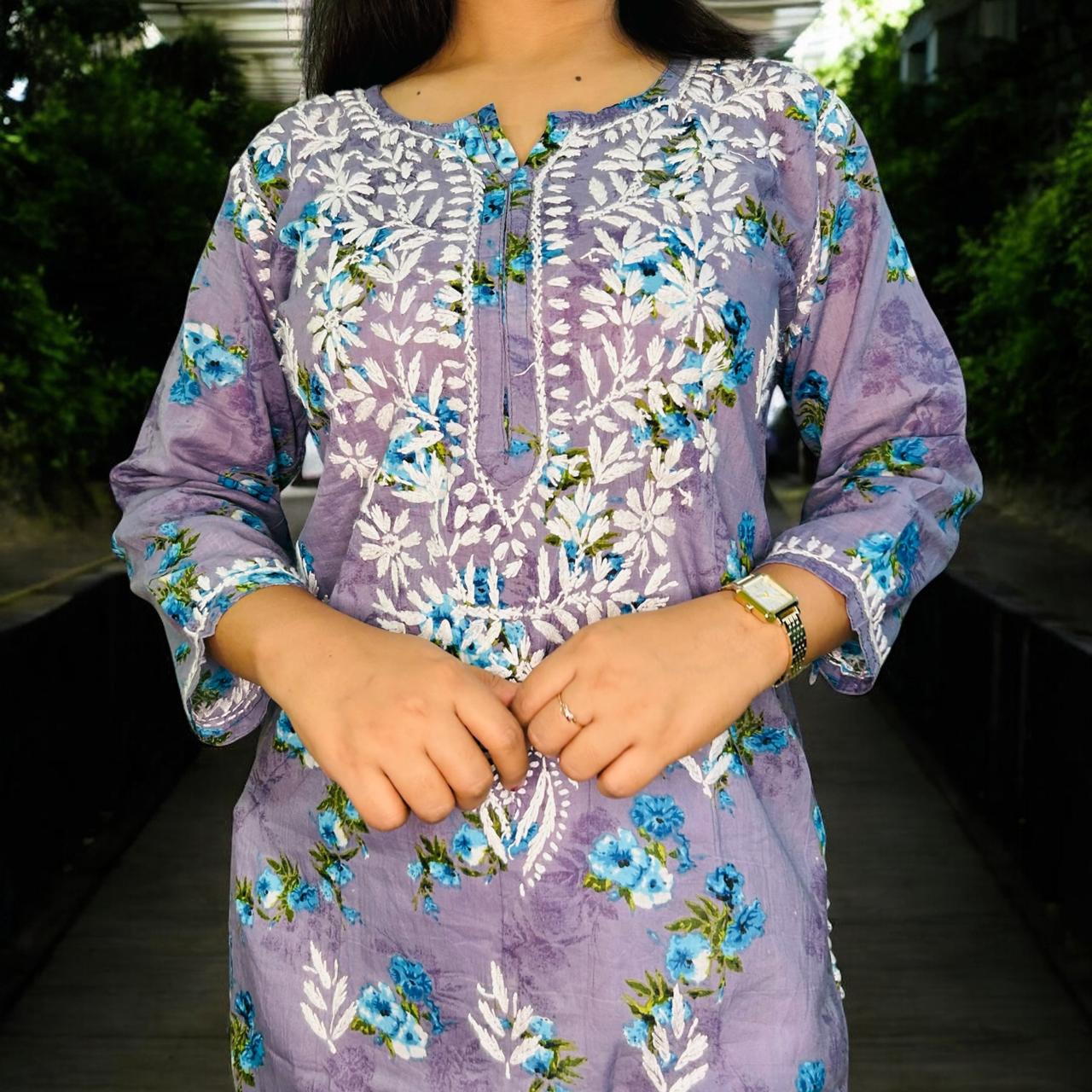 Chikankari Long Cotton Kurta Violet