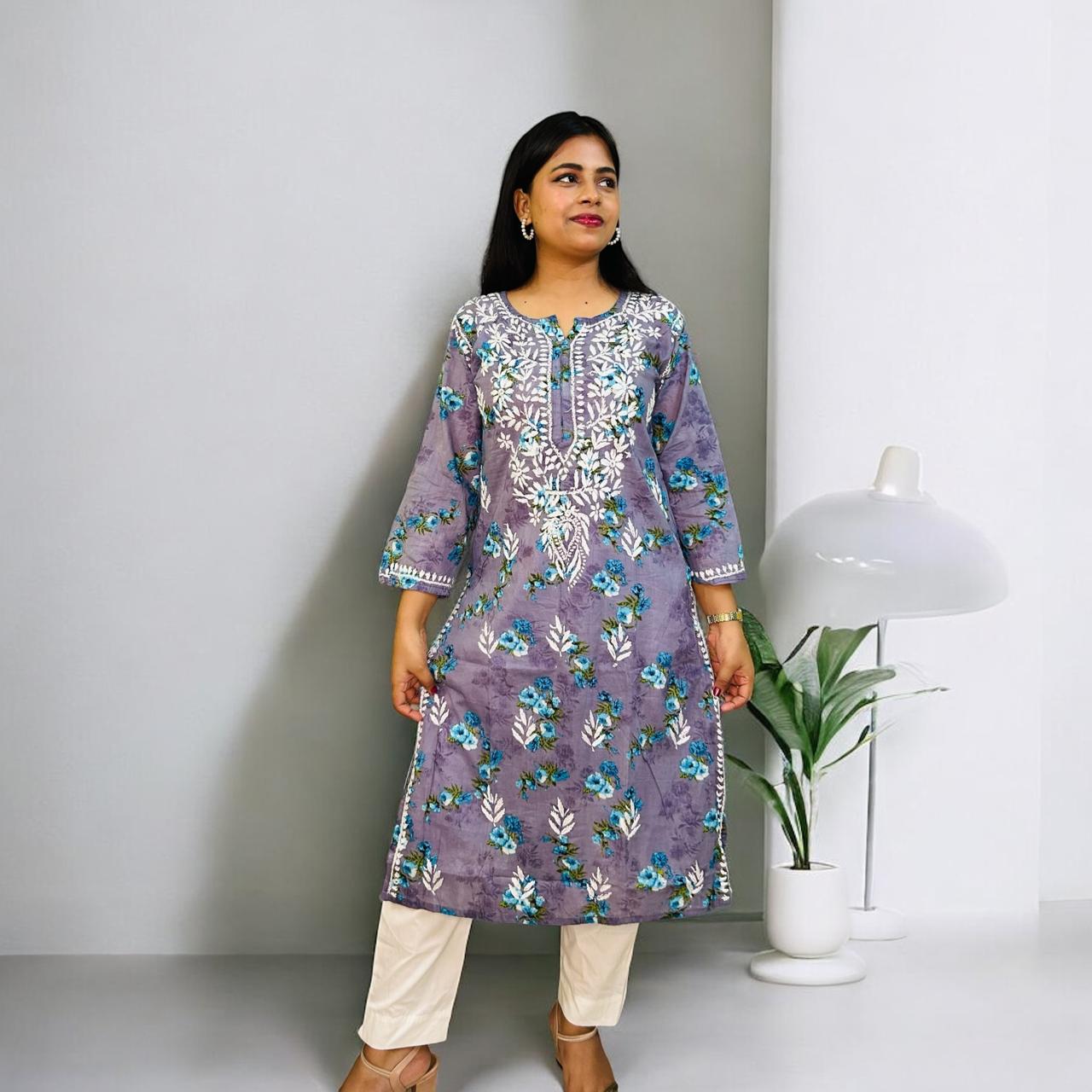 Chikankari Long Cotton Kurta Violet