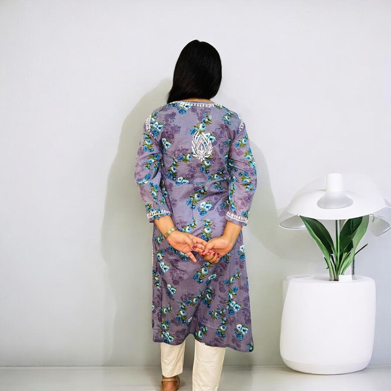 Chikankari Long Cotton Kurta Violet
