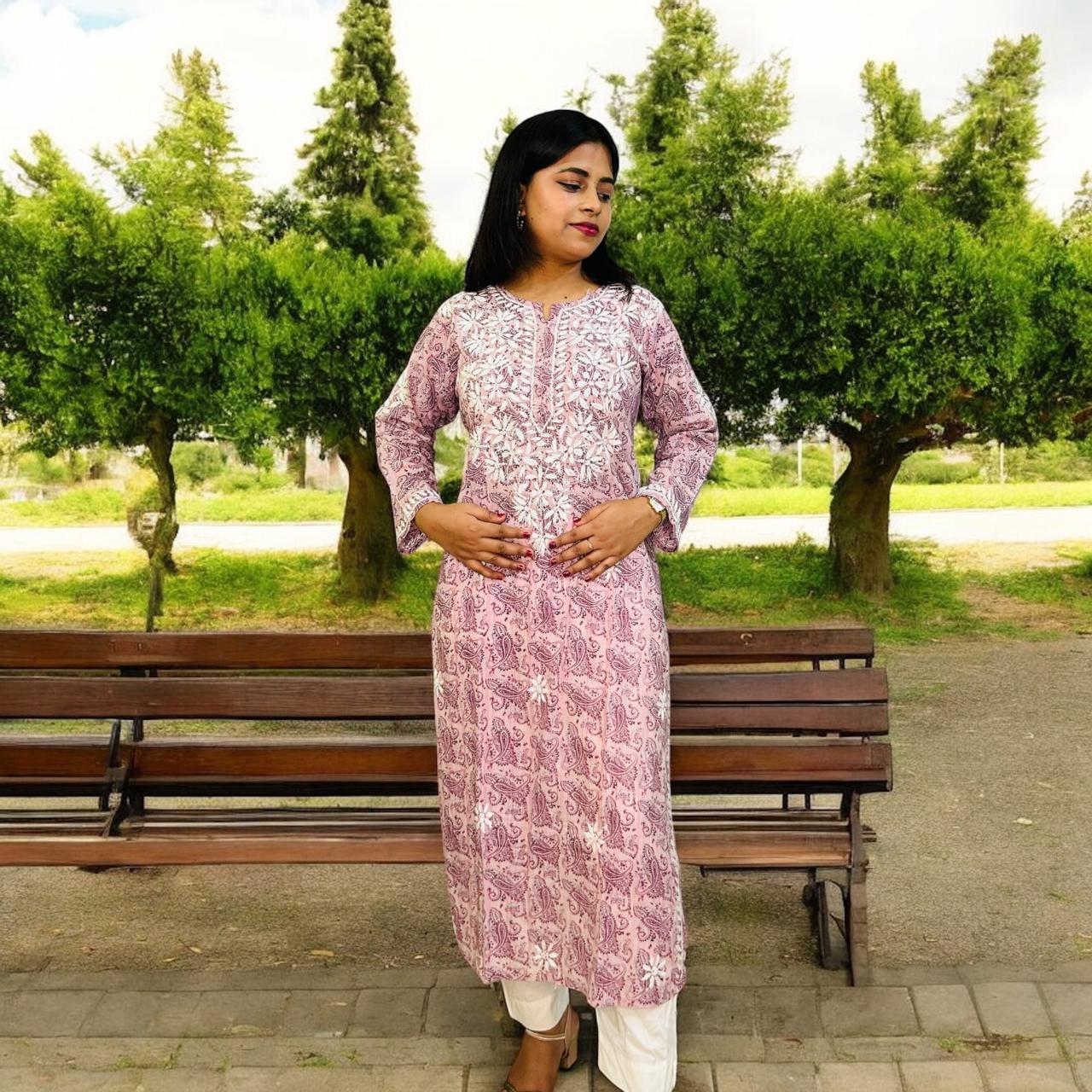 Chikankari Long Cotton Kurta Block Print Peach