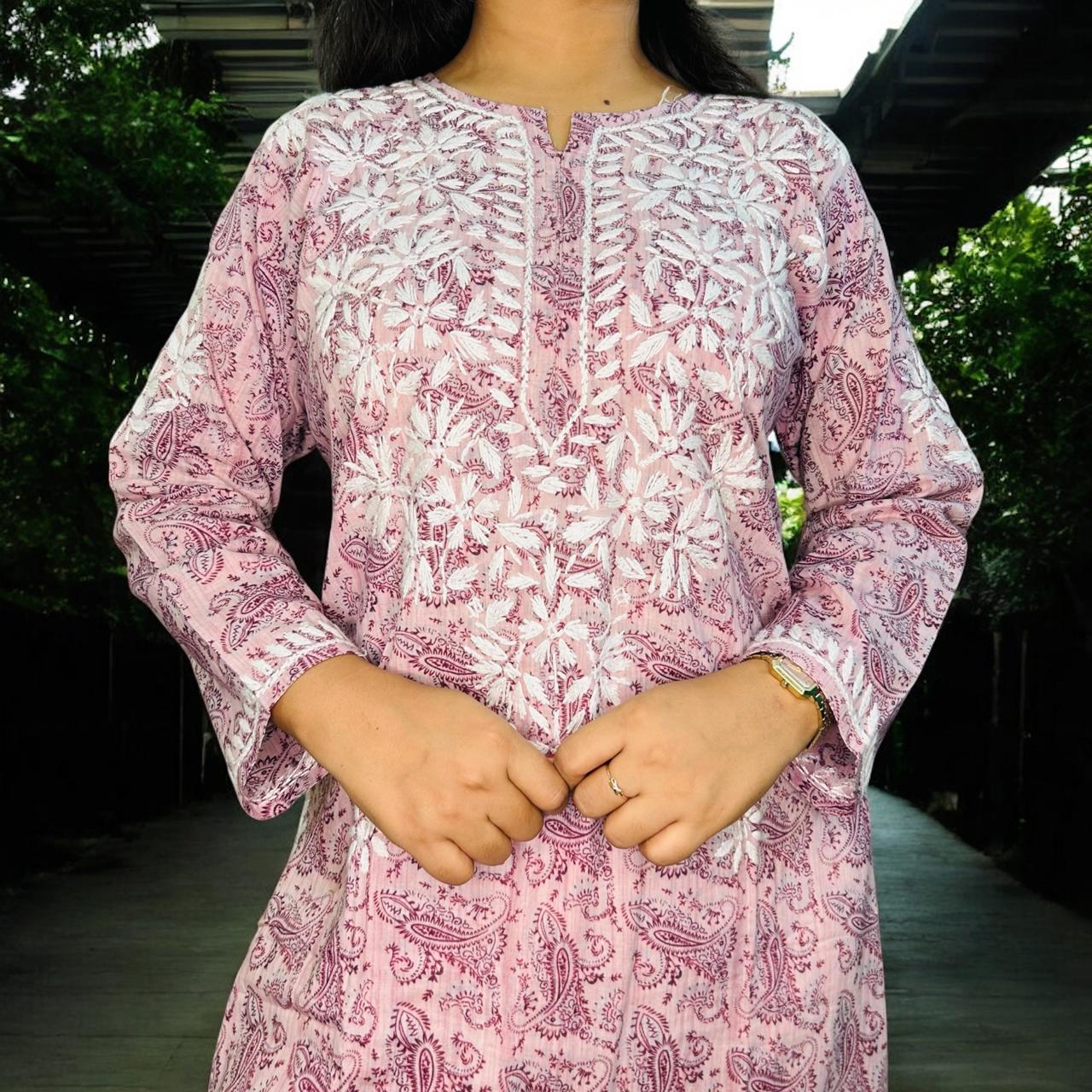 Chikankari Long Cotton Kurta Block Print Peach
