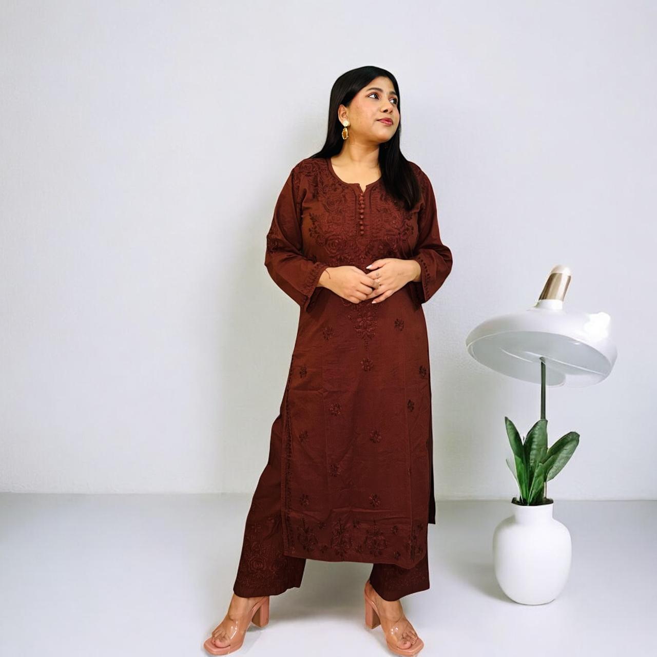 Chikankari Long Cotton Kurta Set Brown