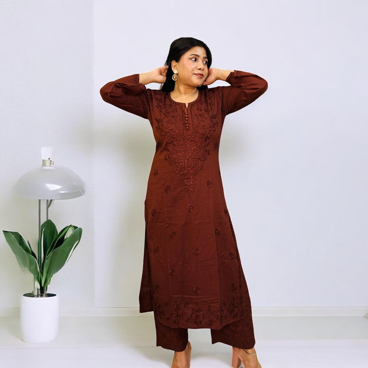 Chikankari Long Cotton Kurta Set Brown