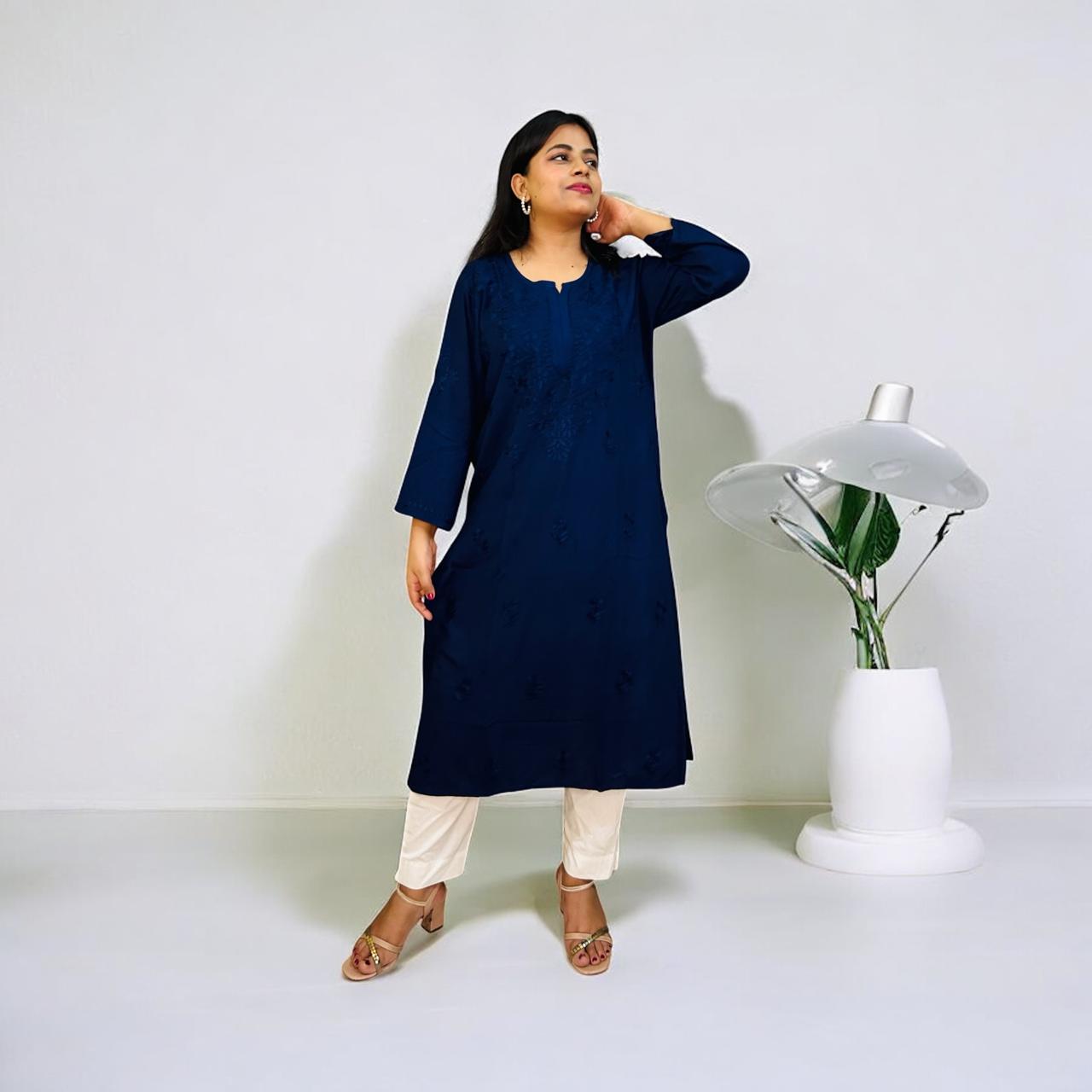 Chikankari Long Mulmul Kurta Navy Blue
