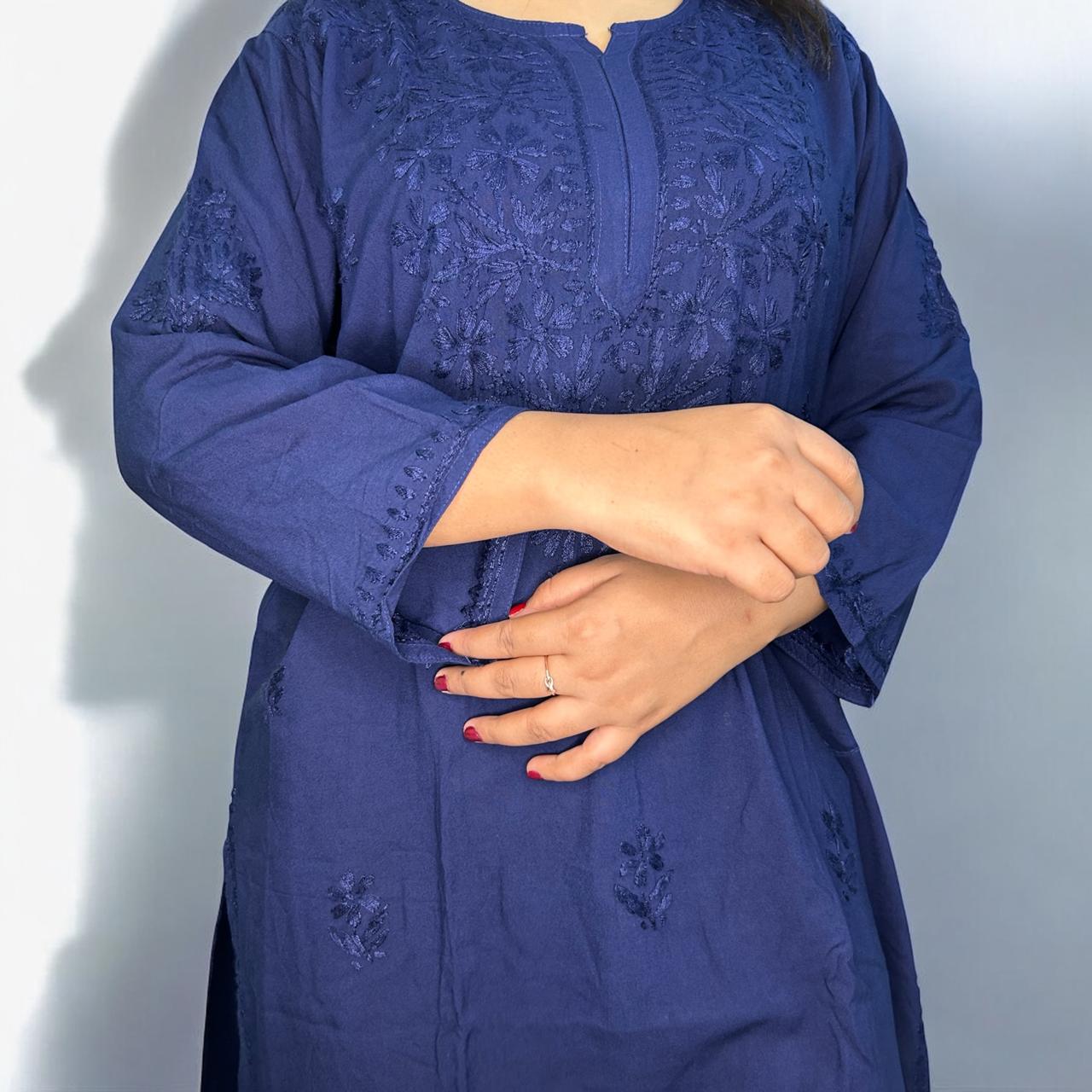 Chikankari Long Mulmul Kurta Navy Blue