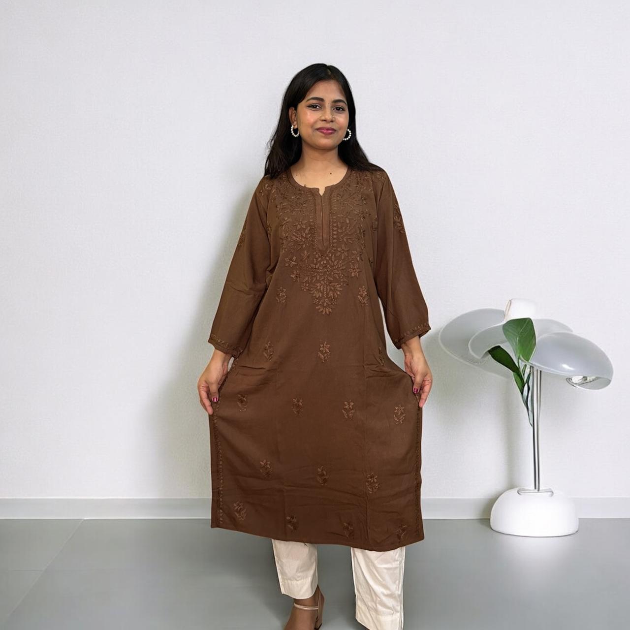 Chikankari Long Mulmul Kurta Brown