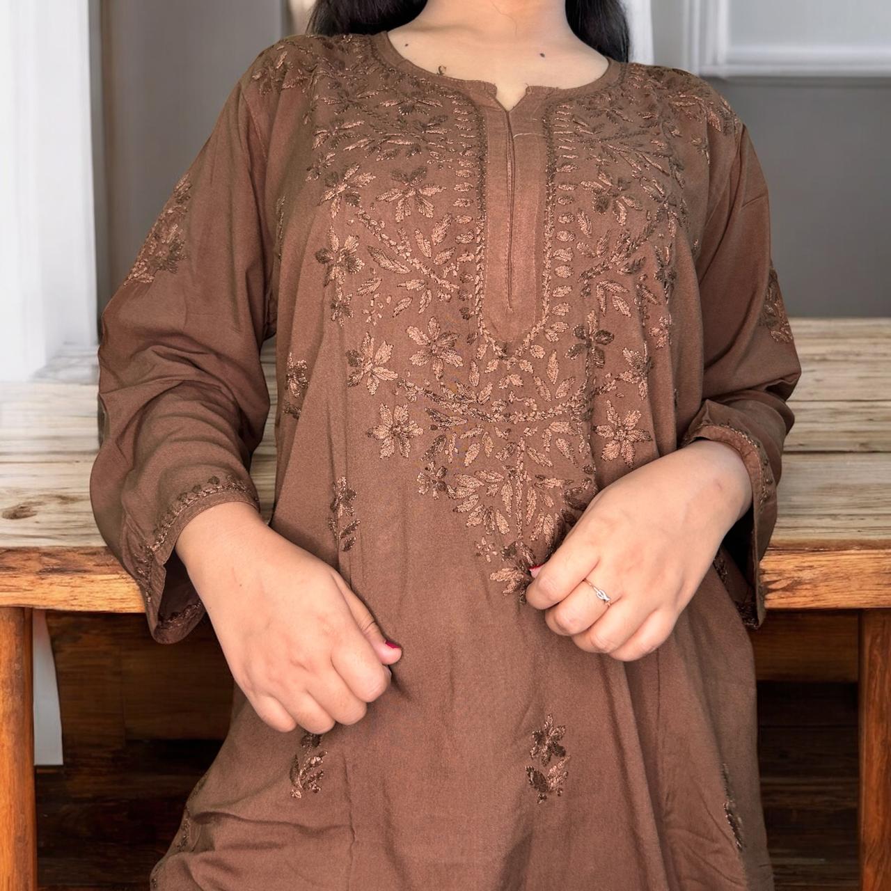 Chikankari Long Mulmul Kurta Brown