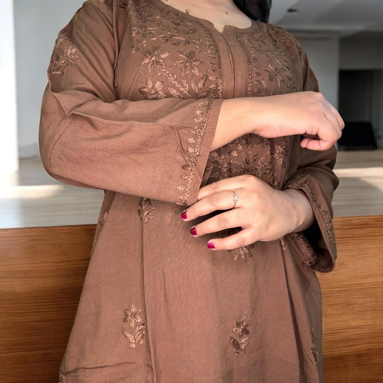 Chikankari Long Mulmul Kurta Brown