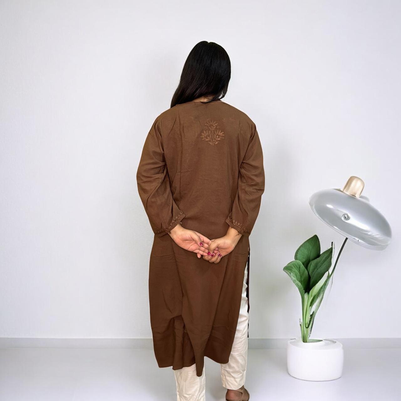 Chikankari Long Mulmul Kurta Brown