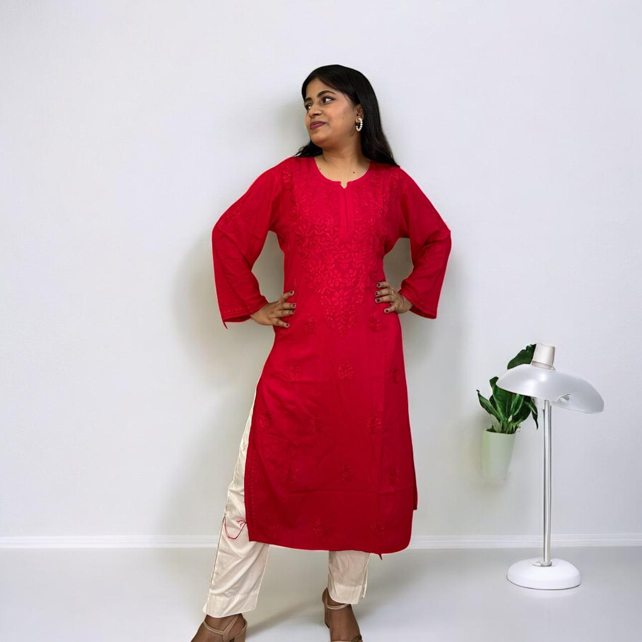 Chikankari Long Mulmul Kurta Red