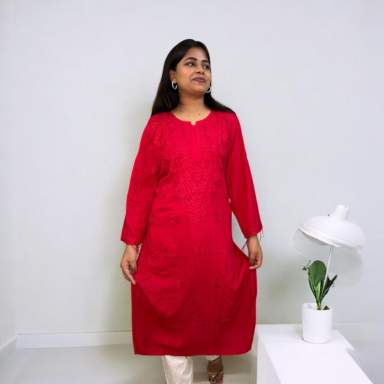 Chikankari Long Mulmul Kurta Red