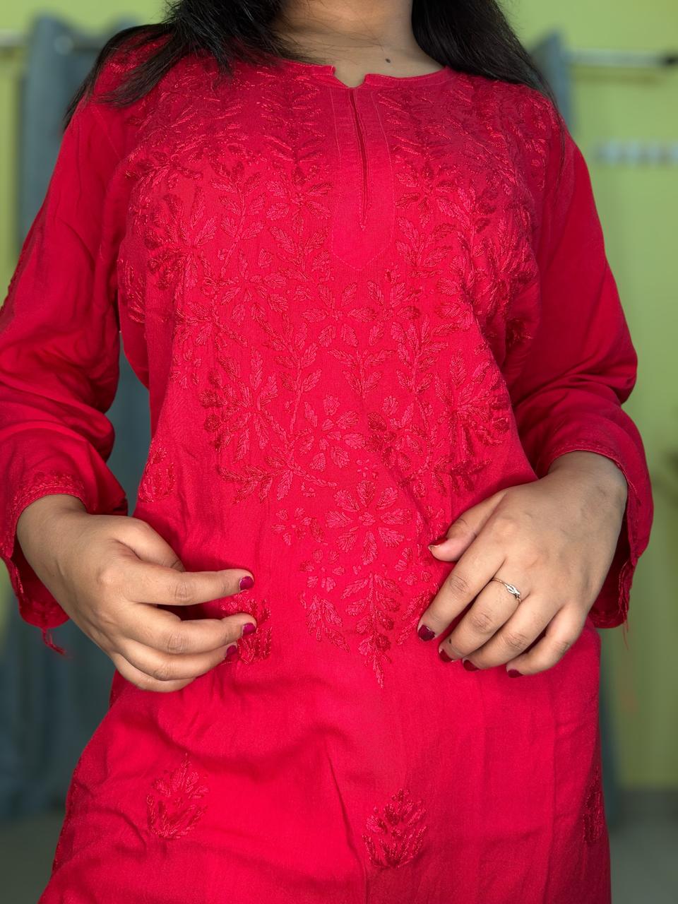 Chikankari Long Mulmul Kurta Red