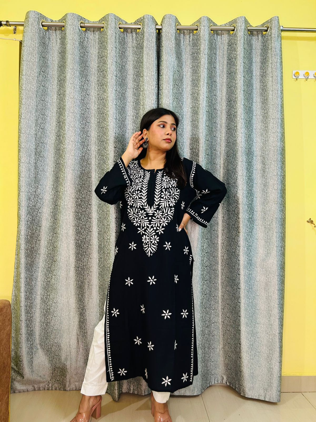 Chikankari Long Mulmul Kurta Black