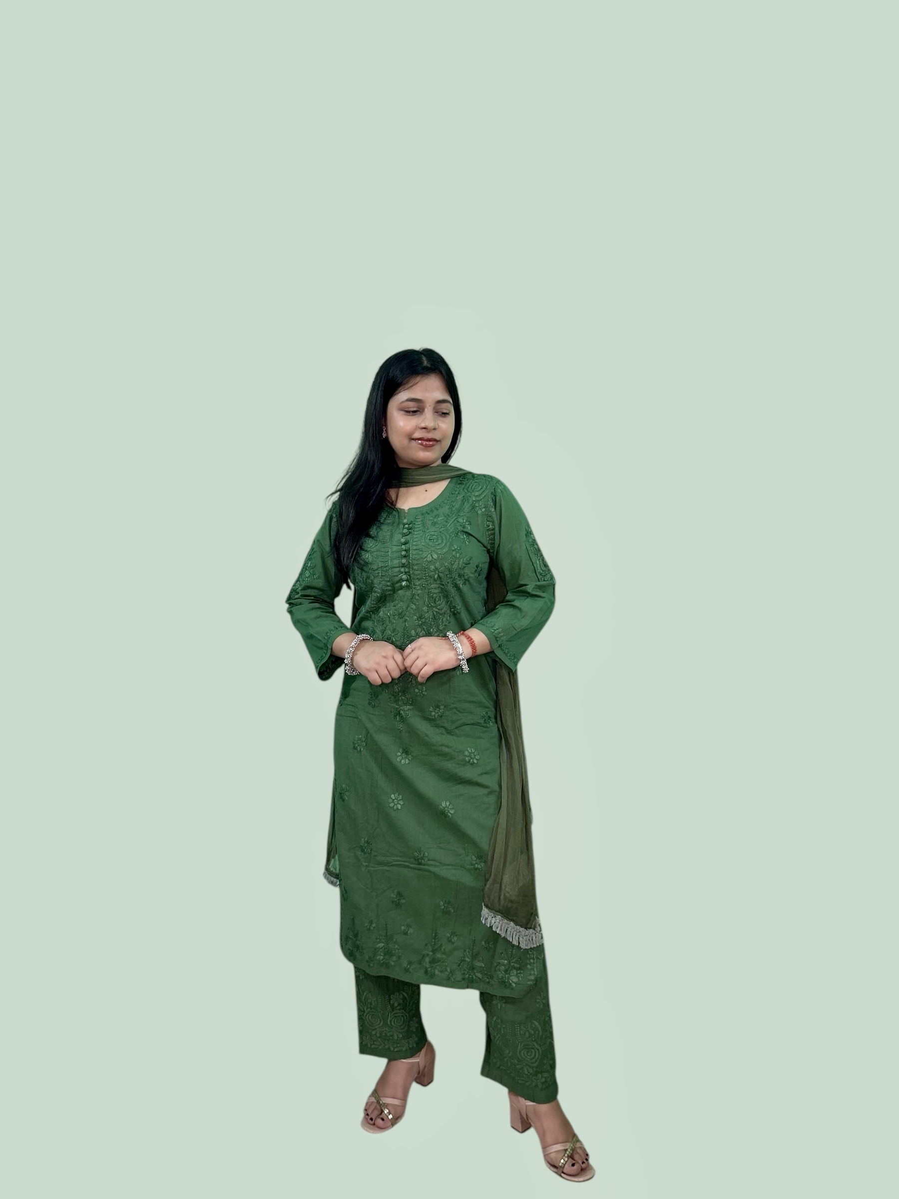Varstraa Chikankari Long Kurta Set with Dupatta Soft Mul Cotton Kurta Dark Green
