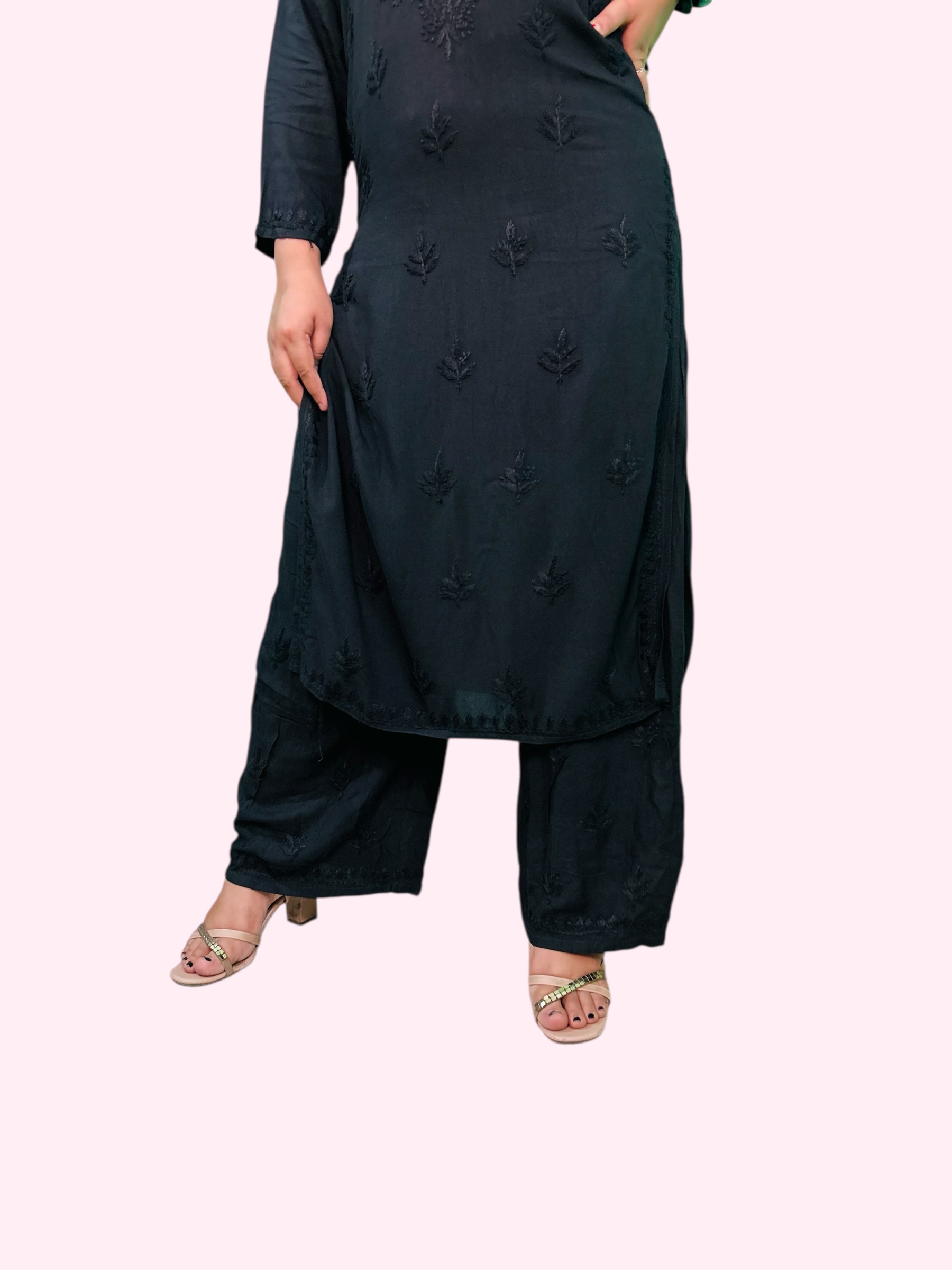 Varstraa Chikankari Long Kurta Set Soft Rayon Kurta Black