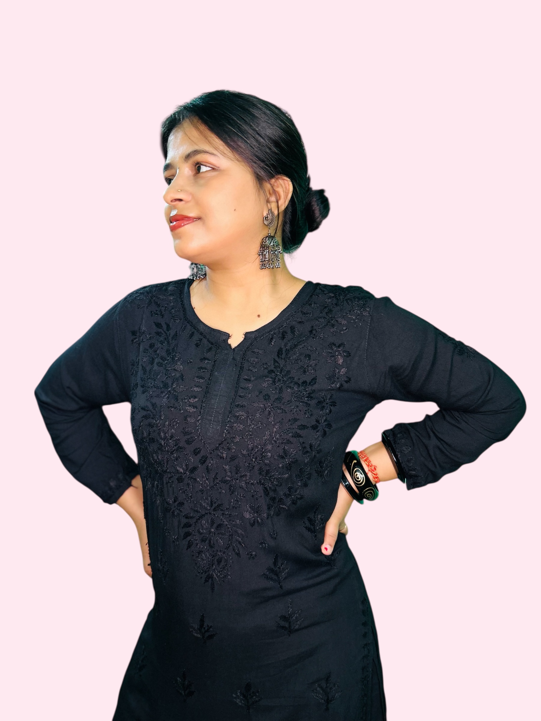 Varstraa Chikankari Long Kurta Set Soft Rayon Kurta Black