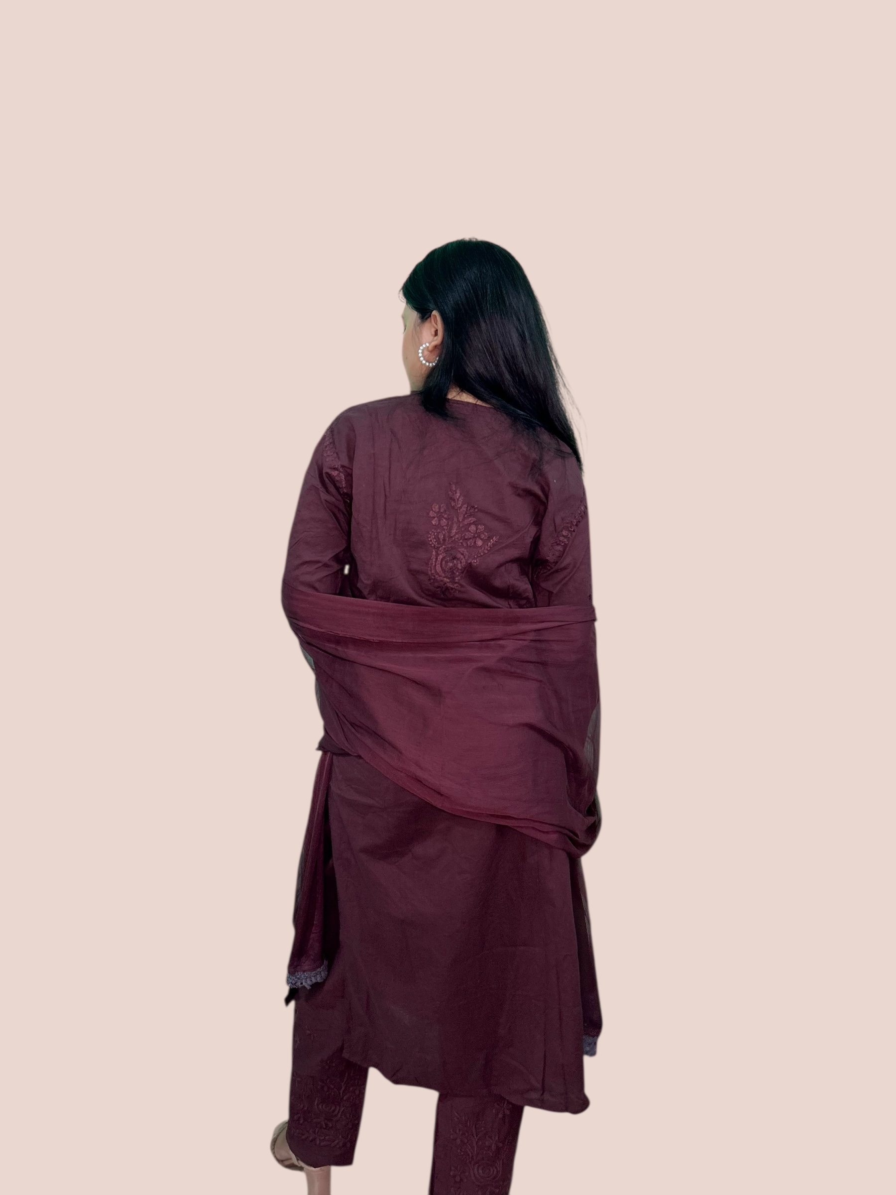 Varstraa Chikankari Long Kurta Set with Dupatta Soft Mul Cotton Kurta Dark Brown