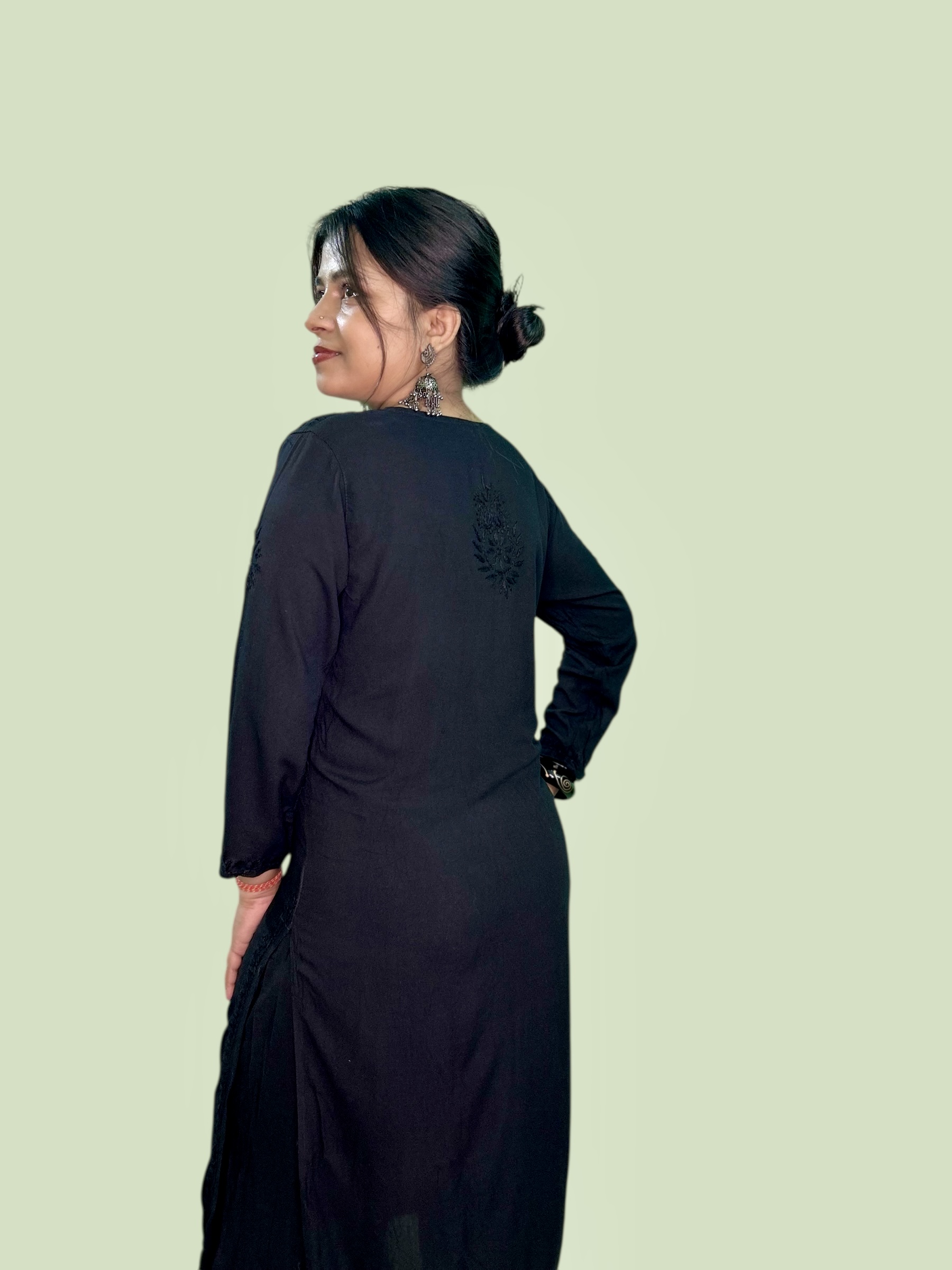 Varstraa Chikankari Long Kurta Set Soft Rayon Kurta Black