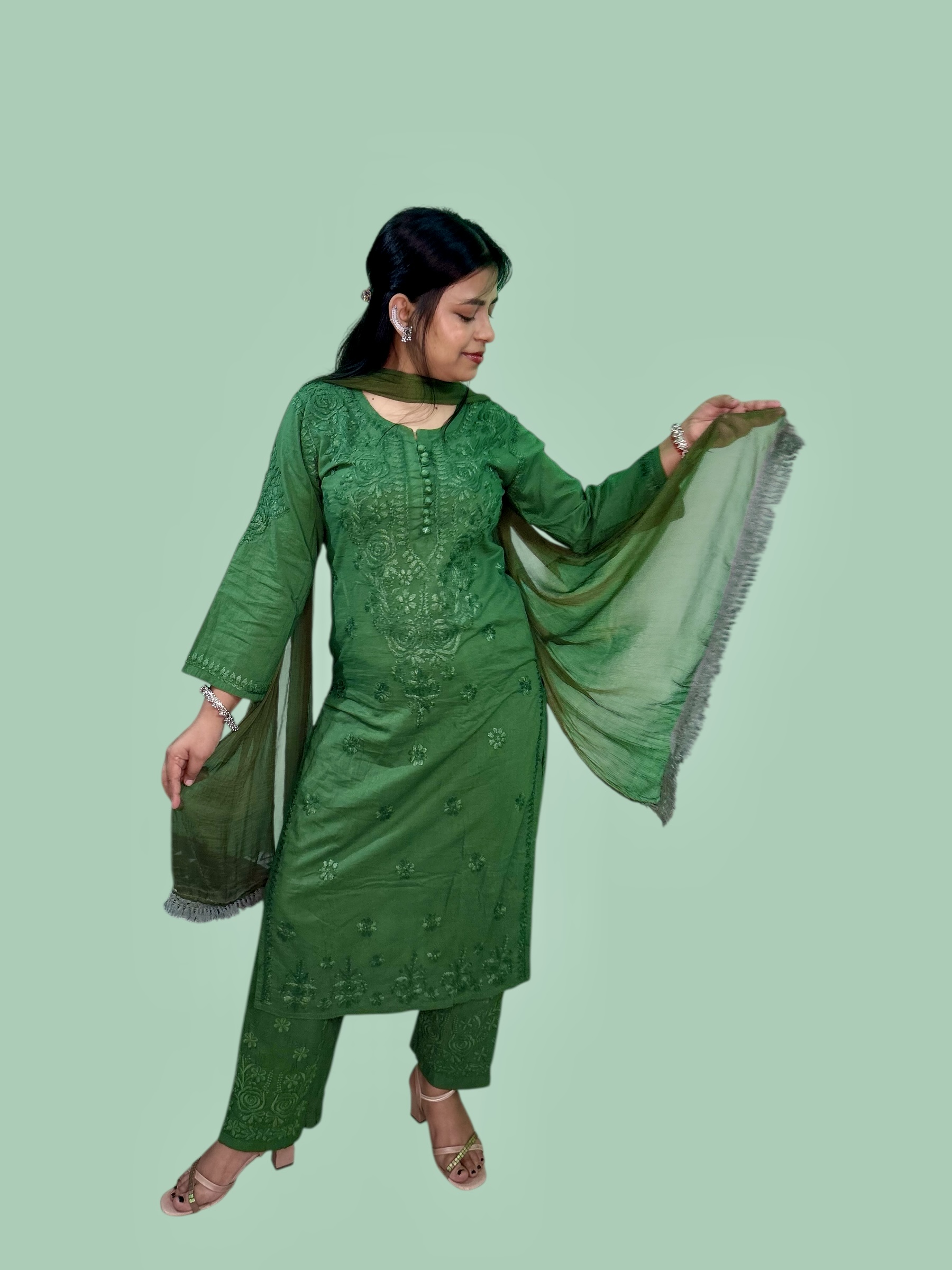 Varstraa Chikankari Long Kurta Set with Dupatta Soft Mul Cotton Kurta Dark Green