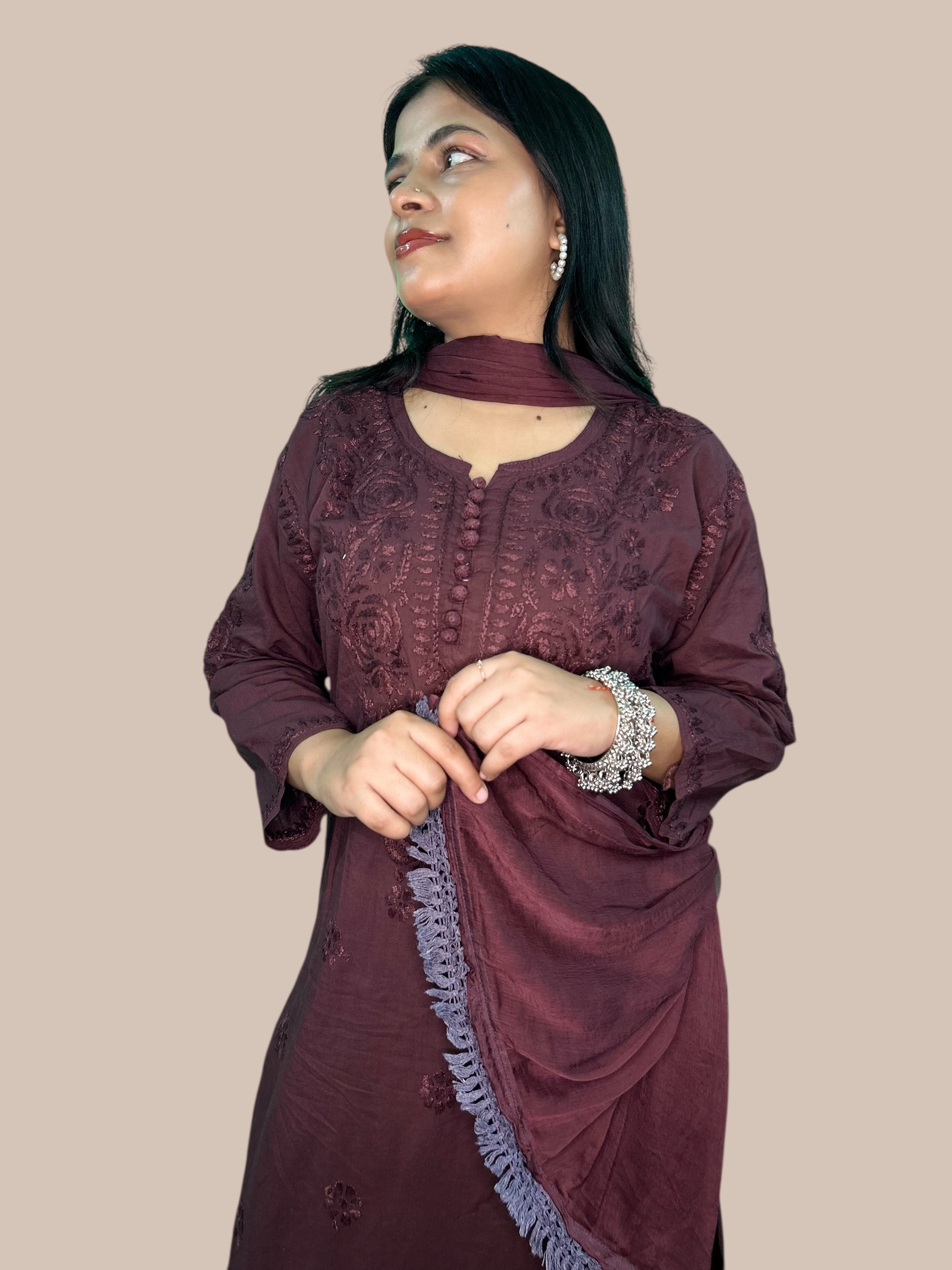 Varstraa Chikankari Long Kurta Set with Dupatta Soft Mul Cotton Kurta Dark Brown