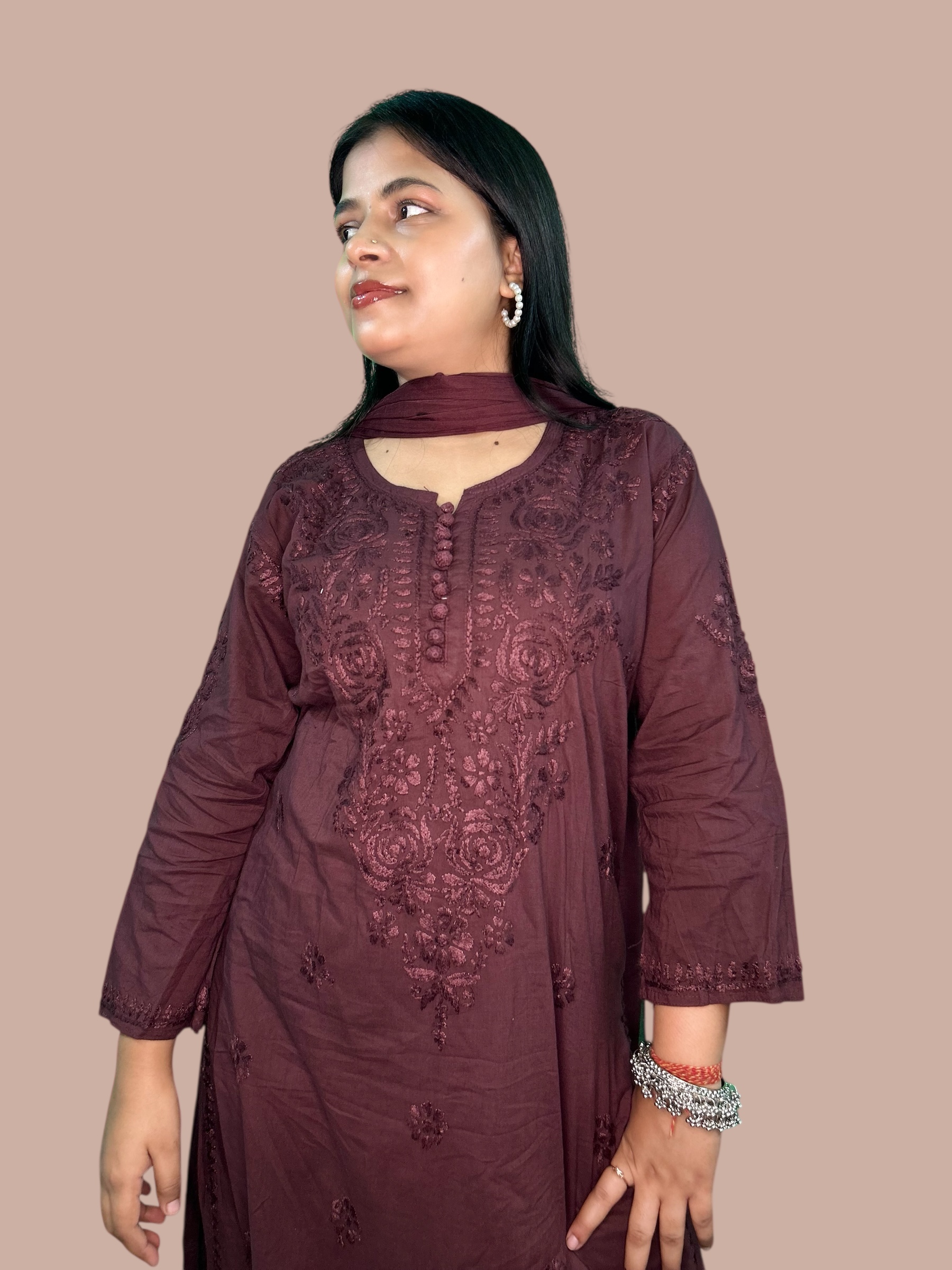 Varstraa Chikankari Long Kurta Set with Dupatta Soft Mul Cotton Kurta Dark Brown