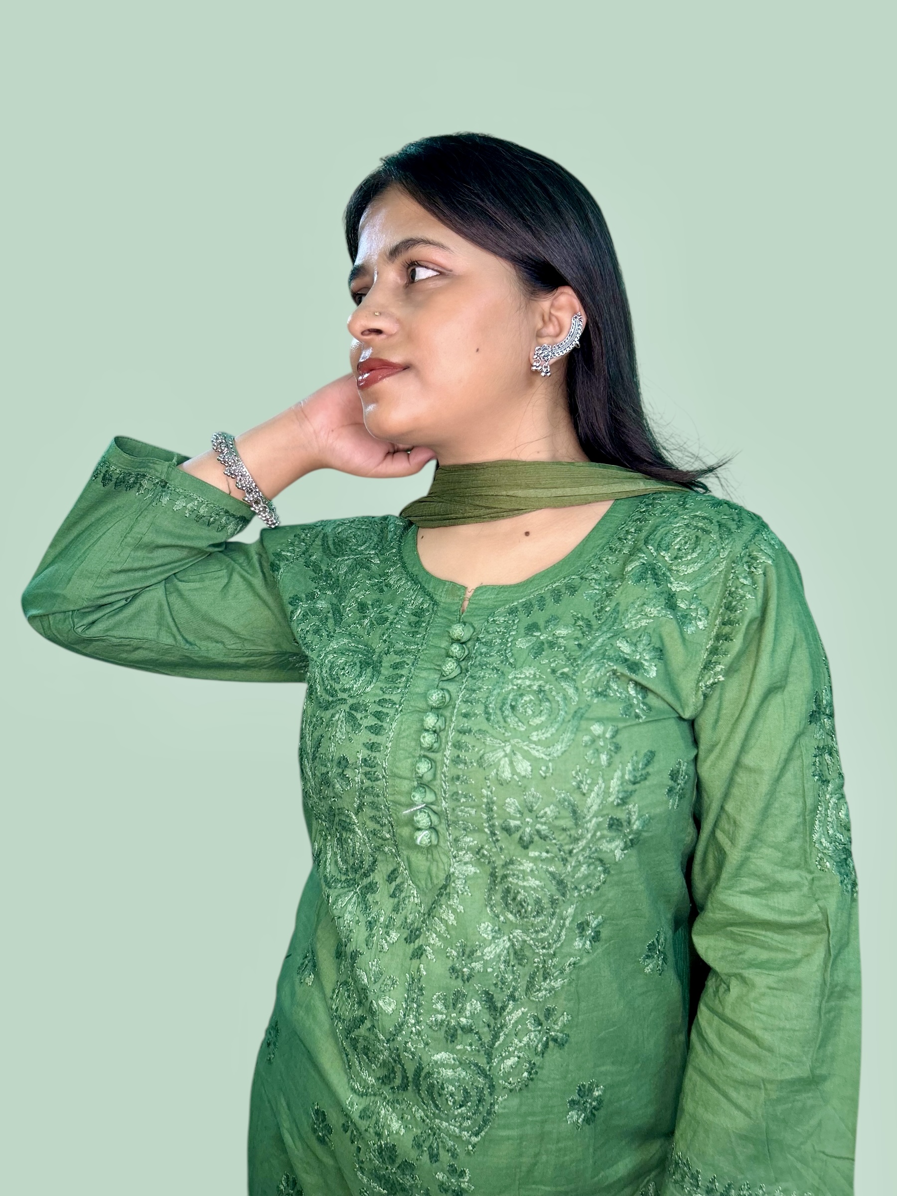 Varstraa Chikankari Long Kurta Set with Dupatta Soft Mul Cotton Kurta Dark Green