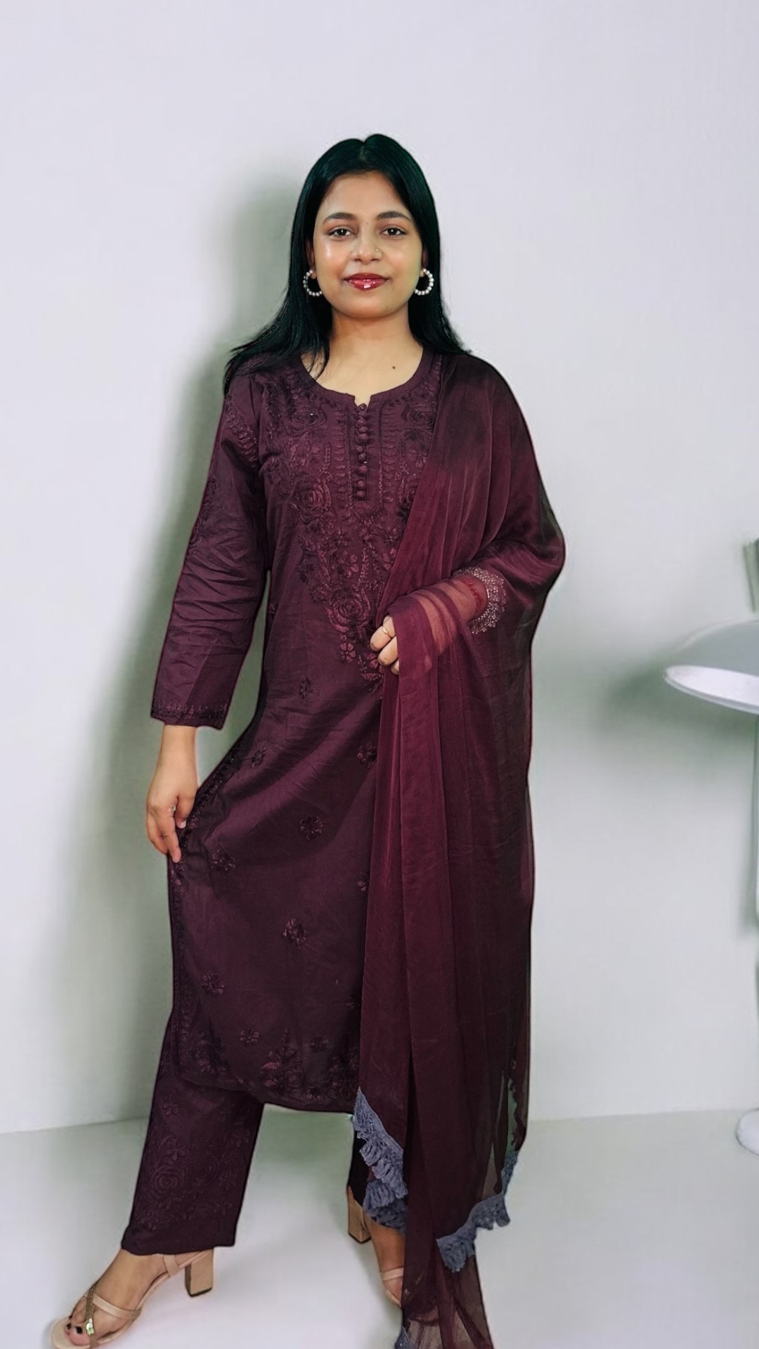 Varstraa Chikankari Long Kurta Set with Dupatta Soft Mul Cotton Kurta Dark Brown