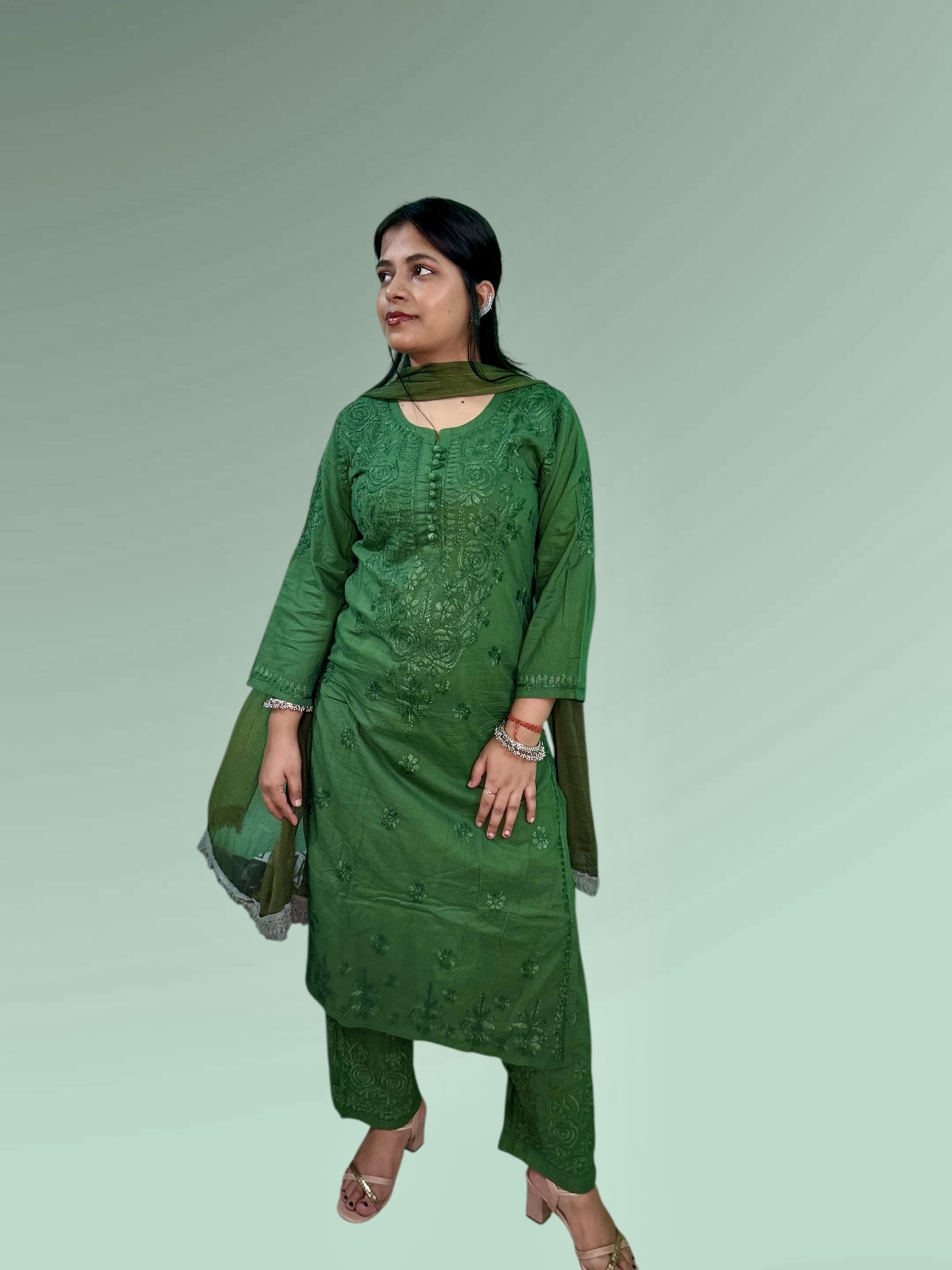 Varstraa Chikankari Long Kurta Set with Dupatta Soft Mul Cotton Kurta Dark Green