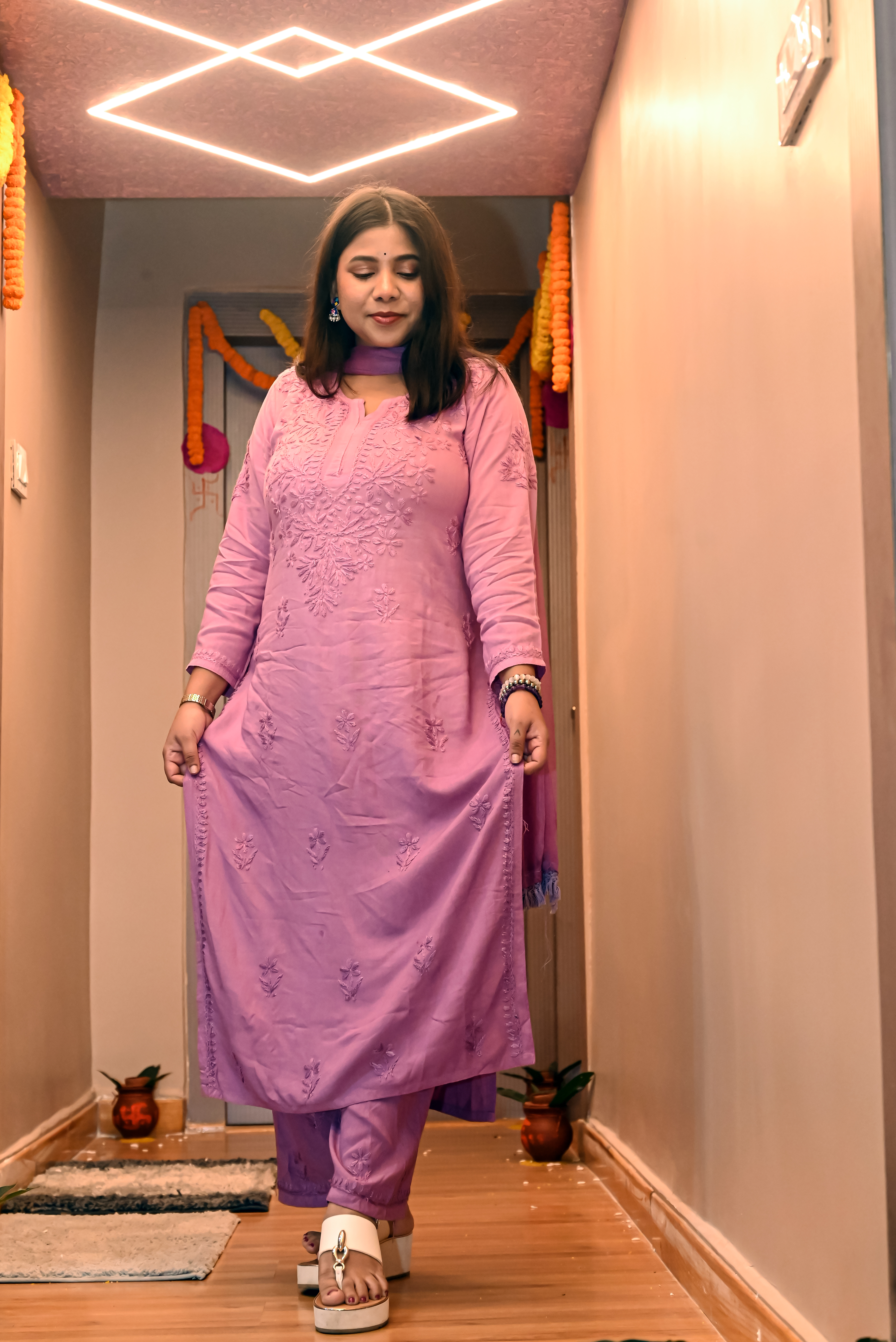 Varstraa Chikankari Long Kurta Set with Dupatta Soft Rayon Kurta Pink