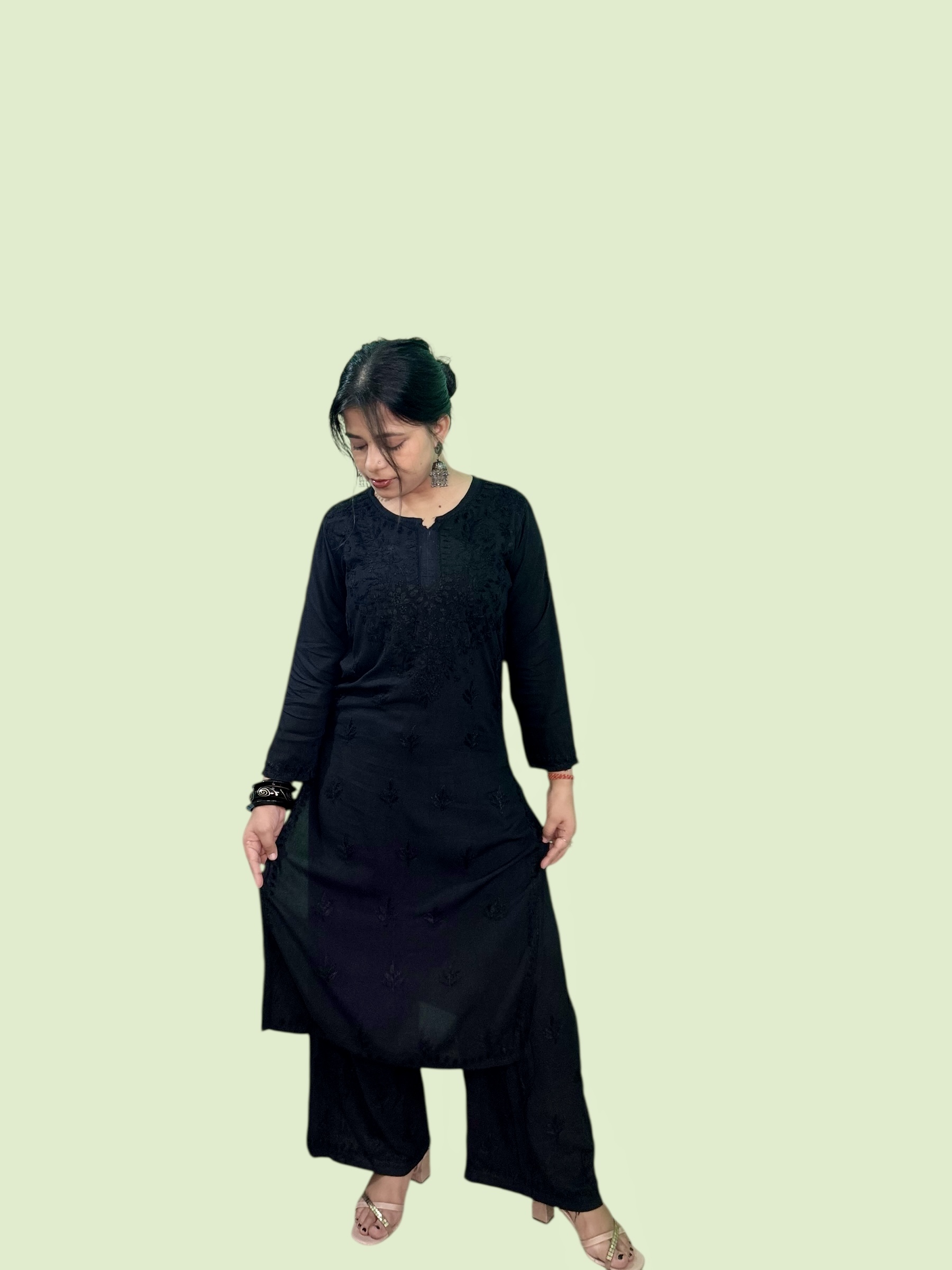 Varstraa Chikankari Long Kurta Set Soft Rayon Kurta Black