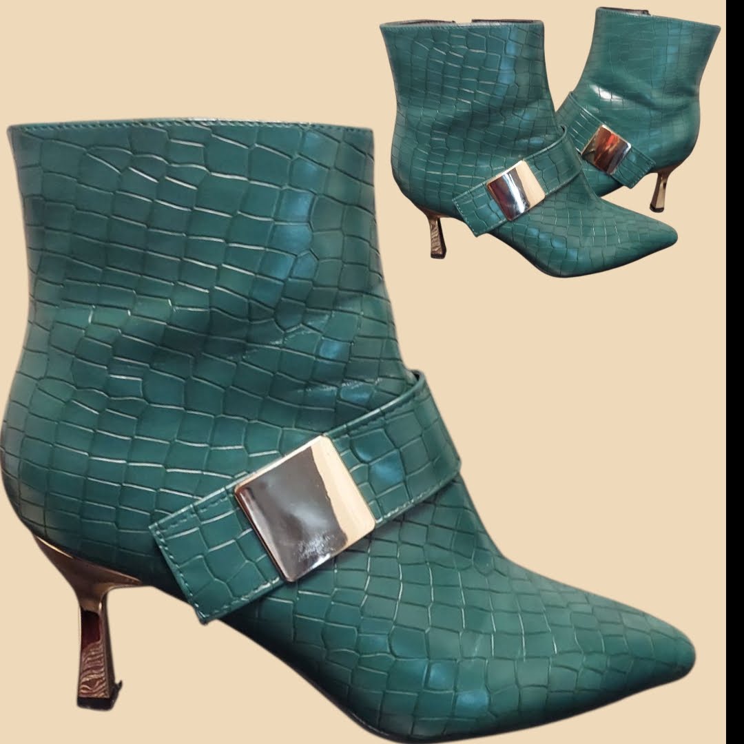 Dark Teal Green Crocodile Print Ankle Boots