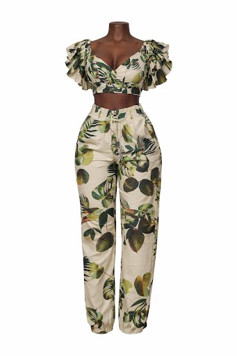 White Tropical leaf 2 piece Set Size M