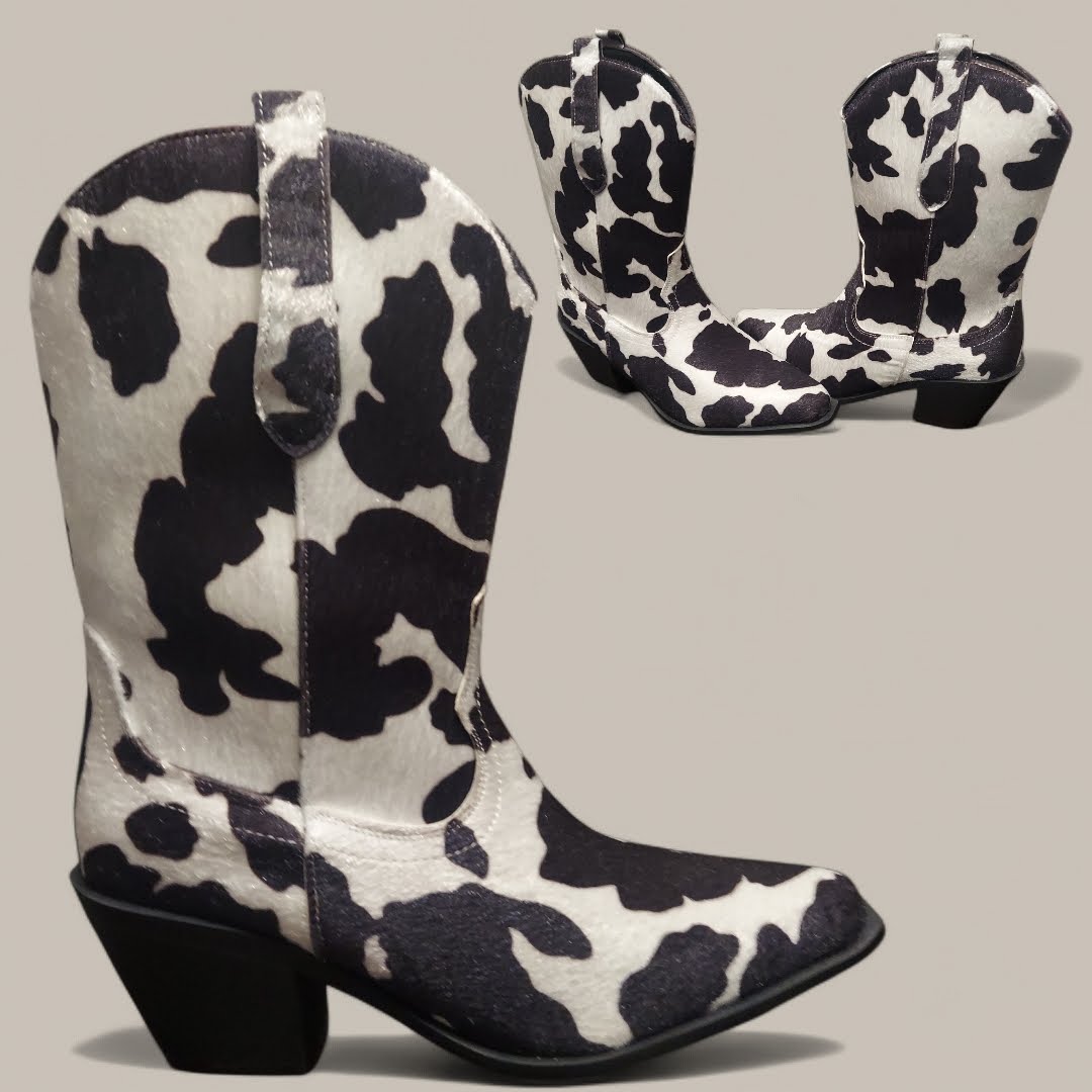 Faux Suede Cow Print Boots Size 10