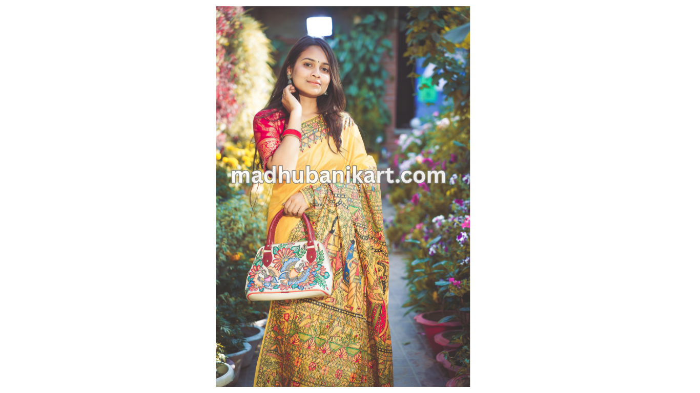 Traditional Yellow Tussar Silk Saree | Mithila (Madhubani) Printed Design