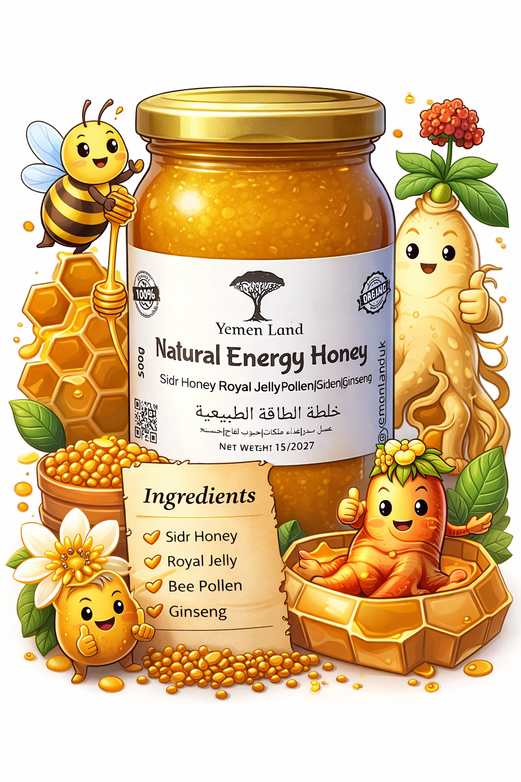 Natural Energy Honey 500g – Raw Sidr Honey with Royal Jelly, Bee Pollen and Ginseng | Premium Yemeni Superfood