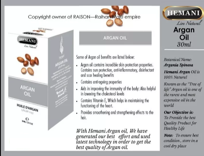 Hemani Argan Oil 100% Natural Herbal Oil 30ml UK