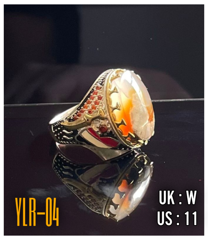 Men’s 925 Sterling Silver Yemeni Aqeeq Agate Ring Hallmarked خاتم رجالي من الفضة