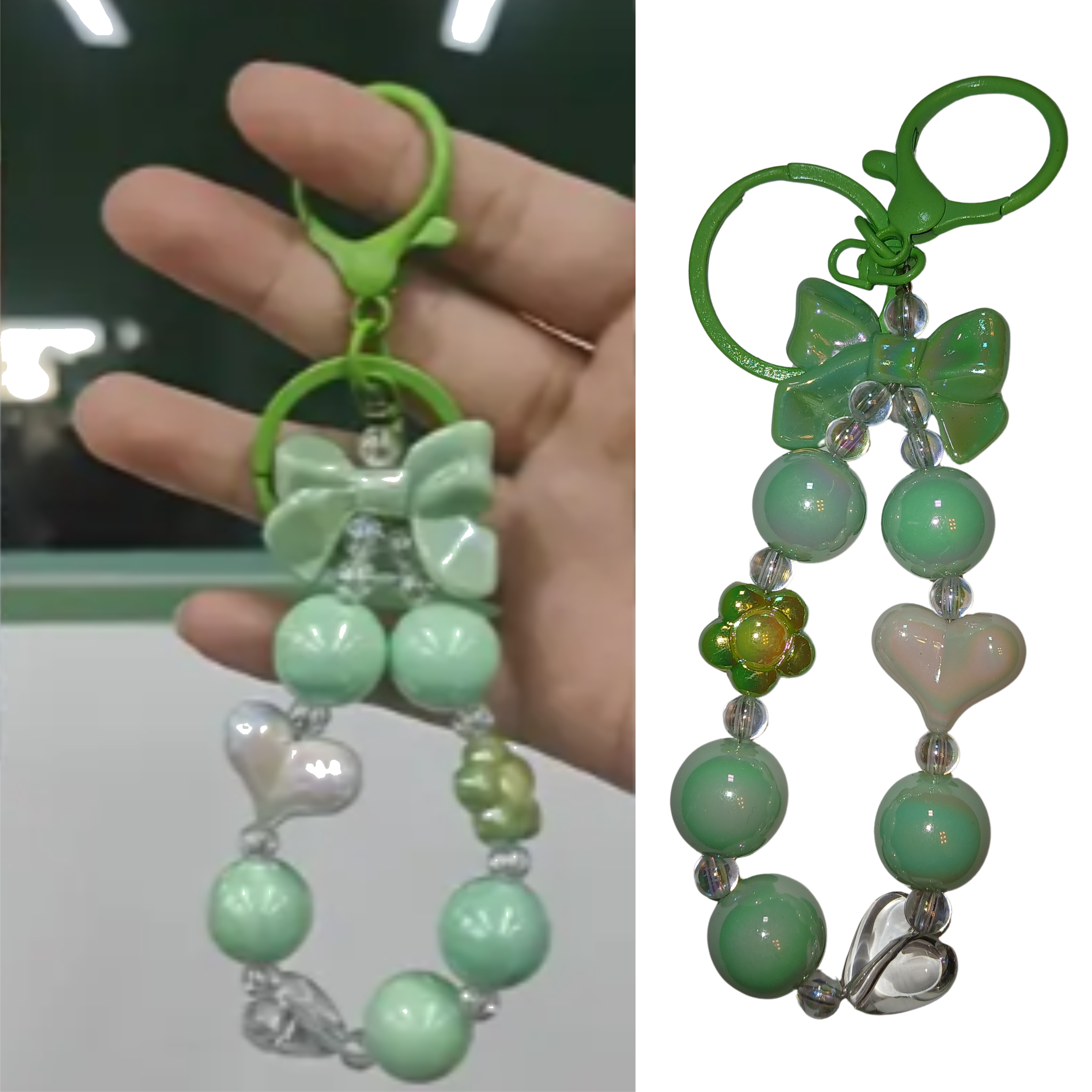 Green Bow & Bead Charm Keychain – Cute Handmade Accessory