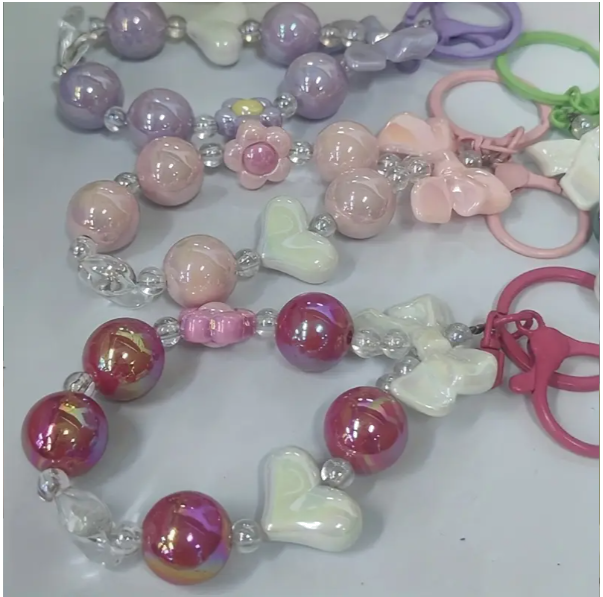 Fuchsia Bow & Bead Charm Keychain – Cute Handmade Accessory
