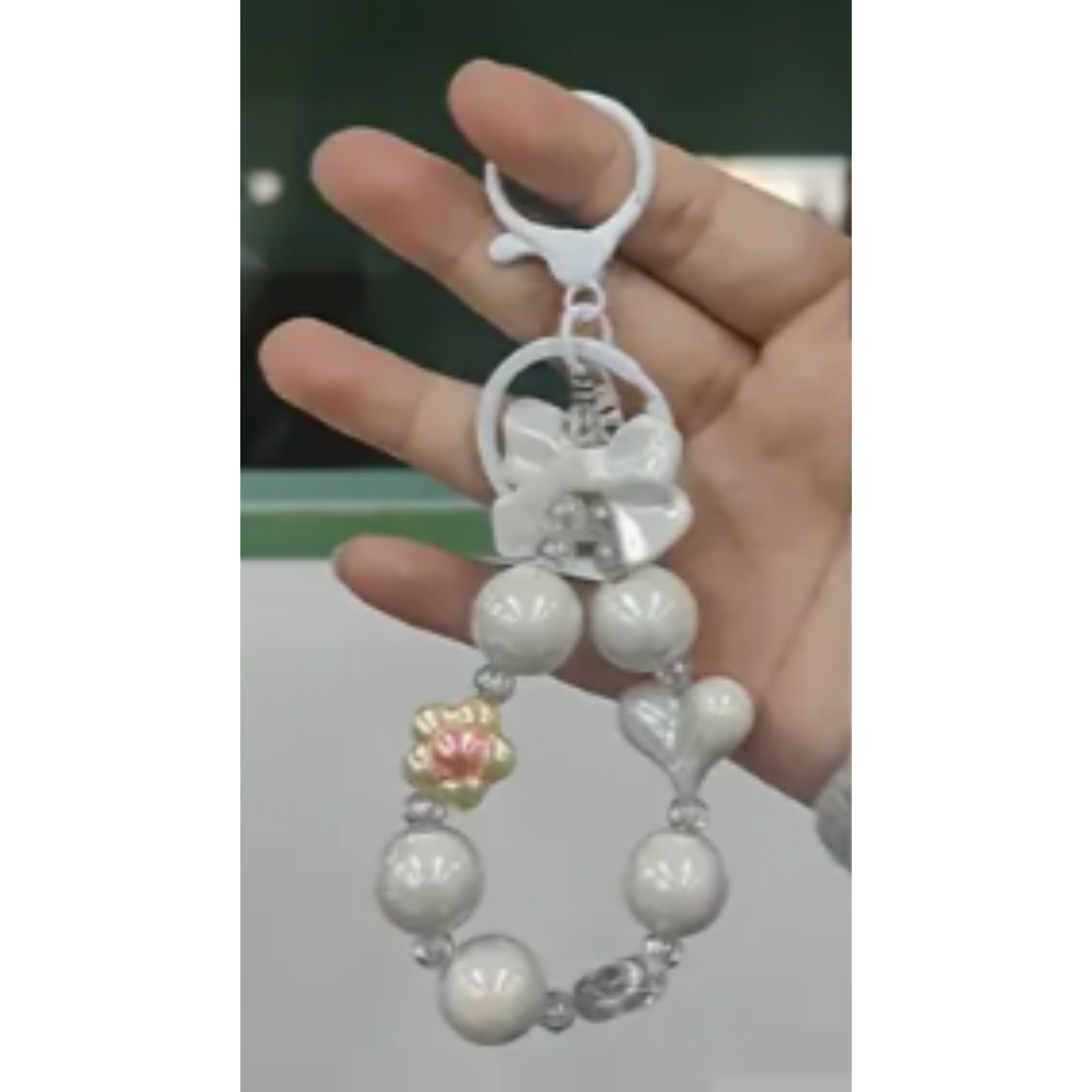 Grey Bow & Bead Charm Keychain – Cute Handmade Accessory