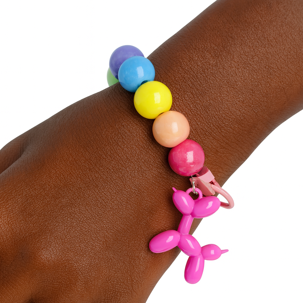 Dark Pink Balloon Dog Bead Keychain Bracelet 