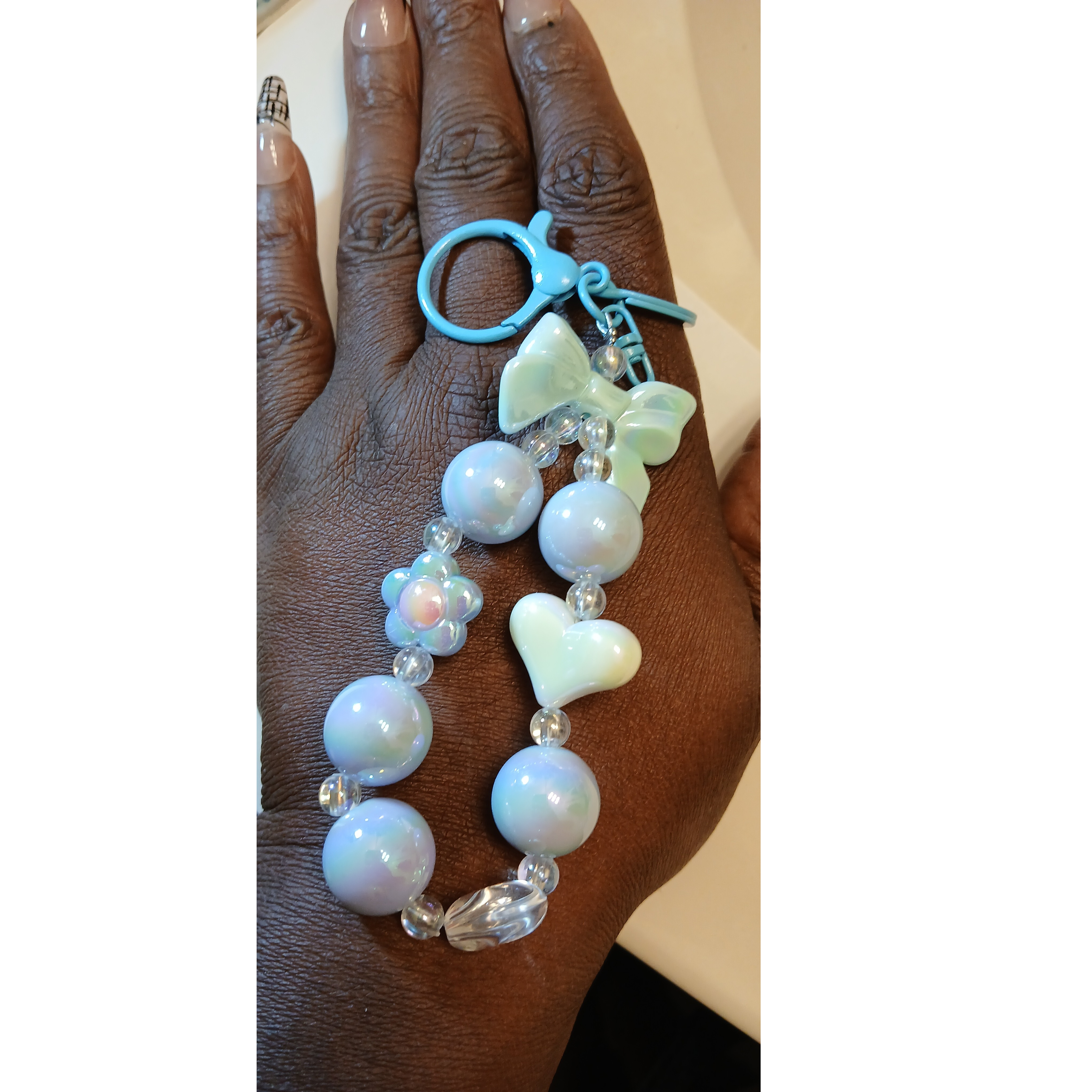 Blue Bow & Bead Charm Keychain – Cute Handmade Accessory