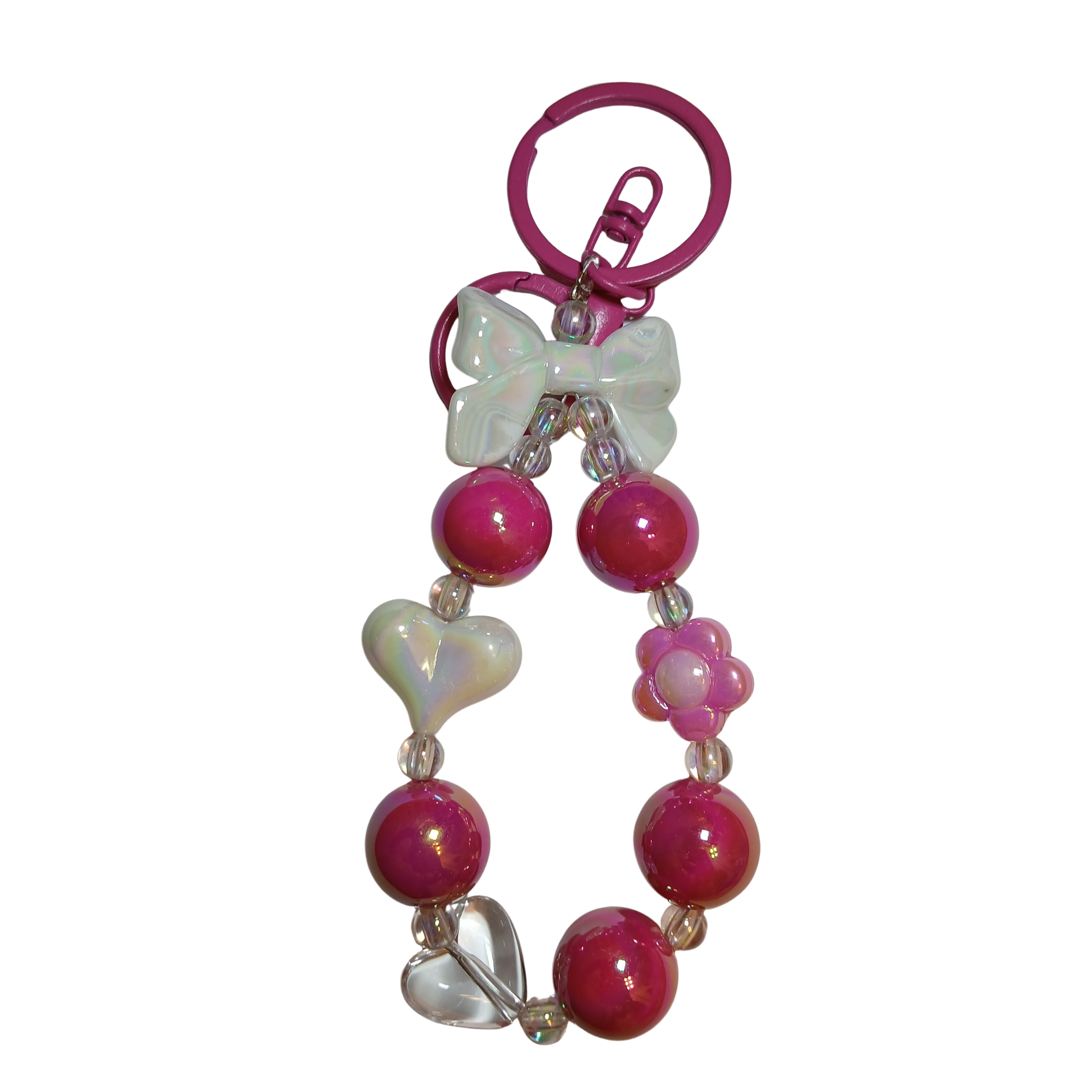 Fuchsia Bow & Bead Charm Keychain – Cute Handmade Accessory