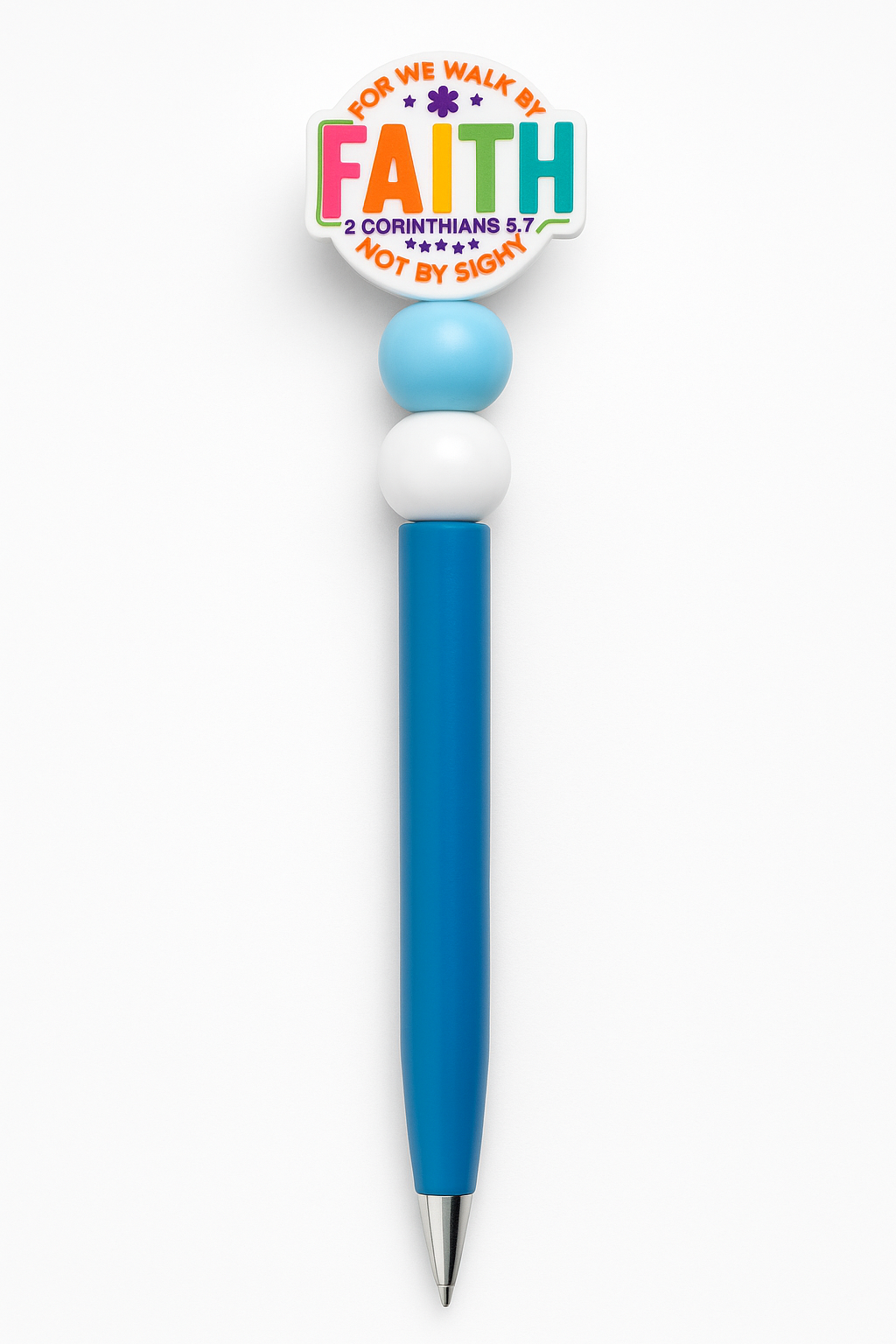 Blue Faith-Inspired Beaded Pen – “Walk by Faith” Design