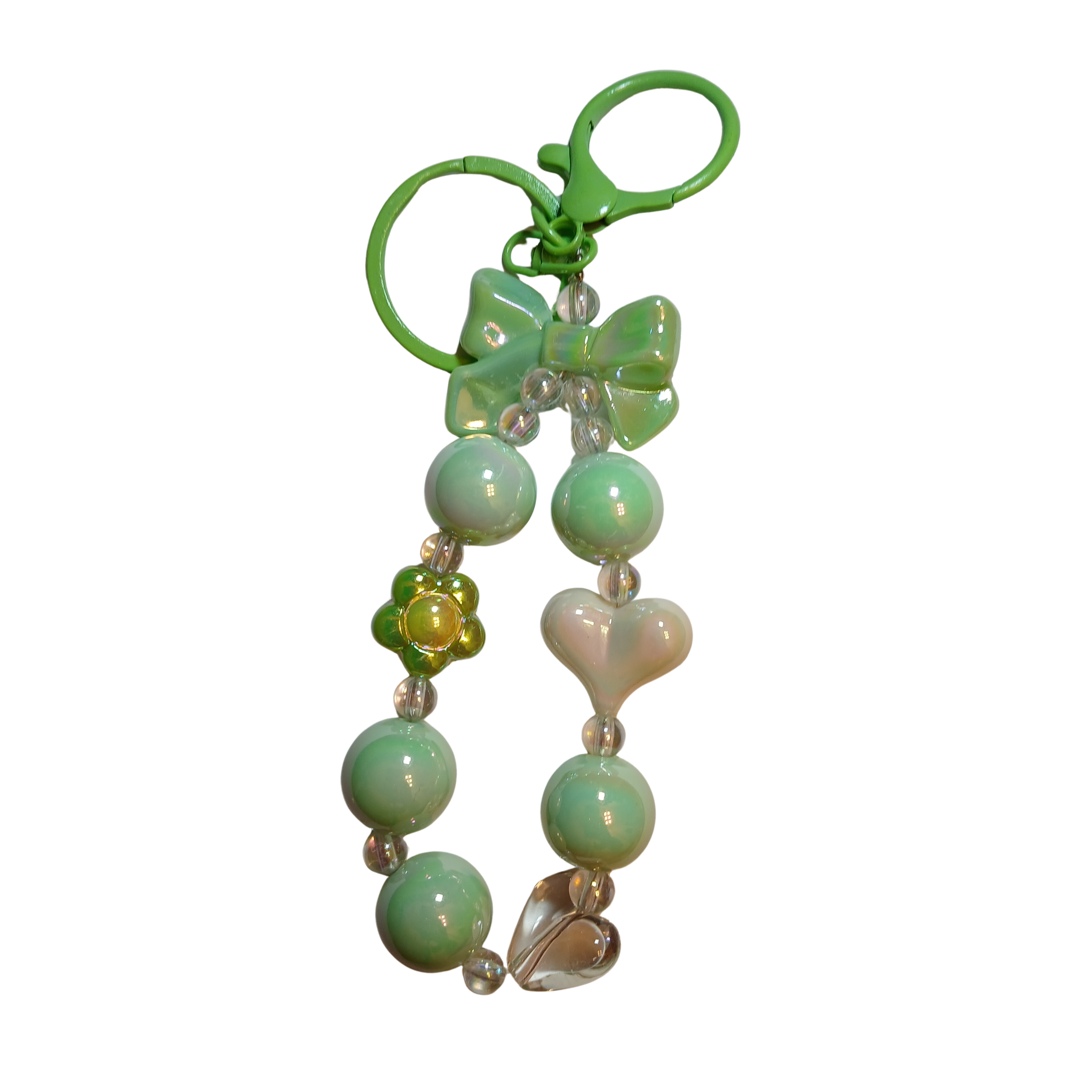 Green Bow & Bead Charm Keychain – Cute Handmade Accessory