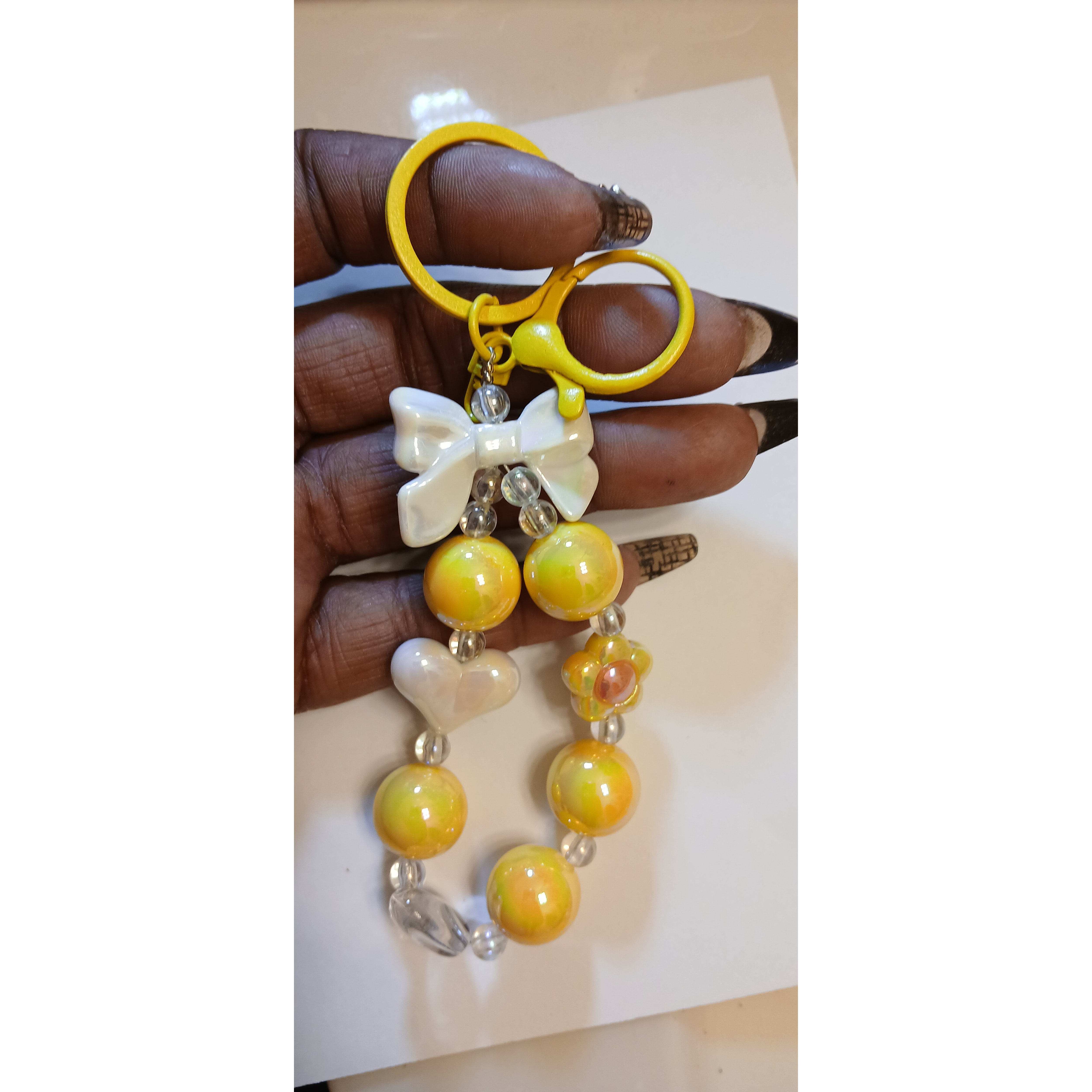 Yellow Bow & Bead Charm Keychain – Cute Handmade Accessory