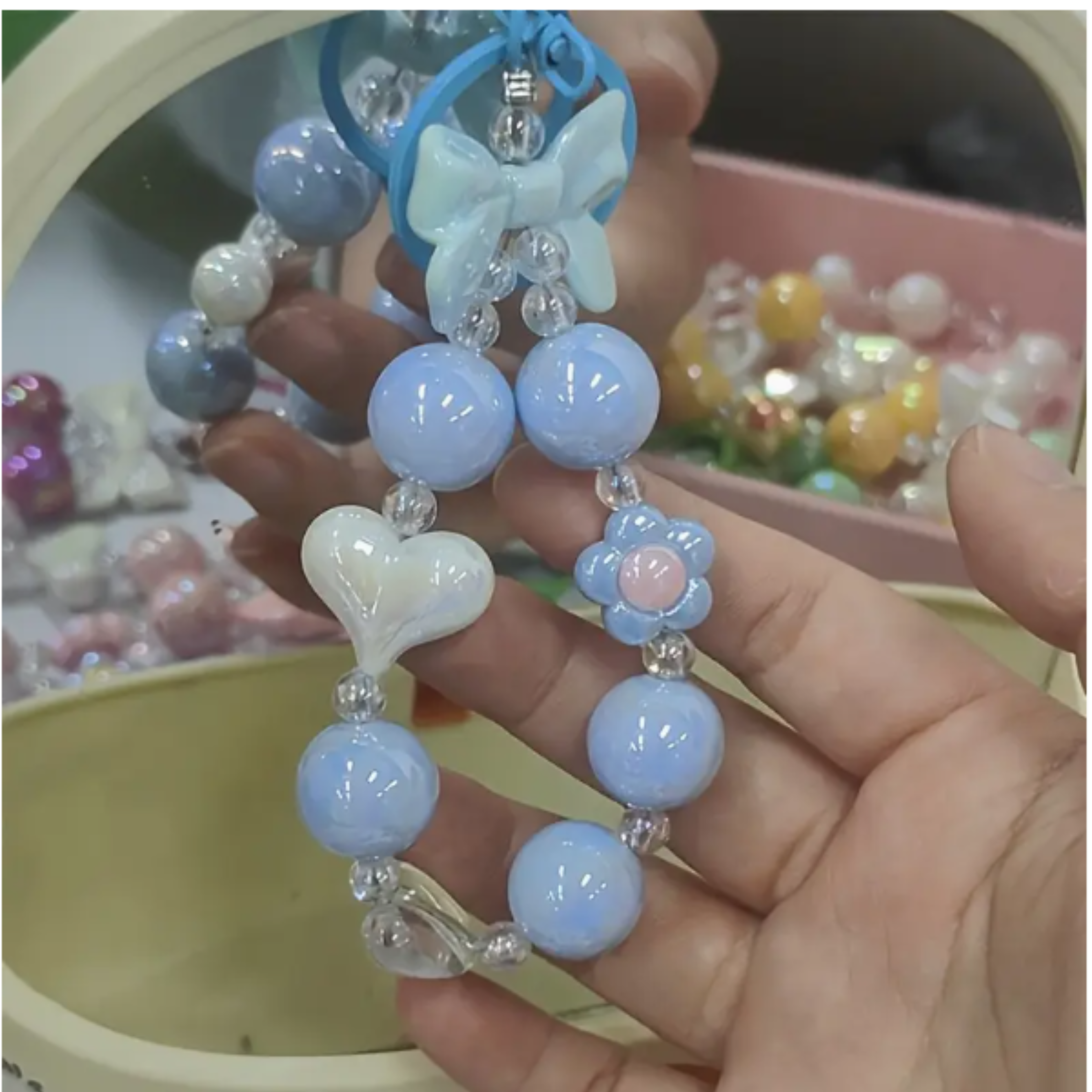 Blue Bow & Bead Charm Keychain – Cute Handmade Accessory