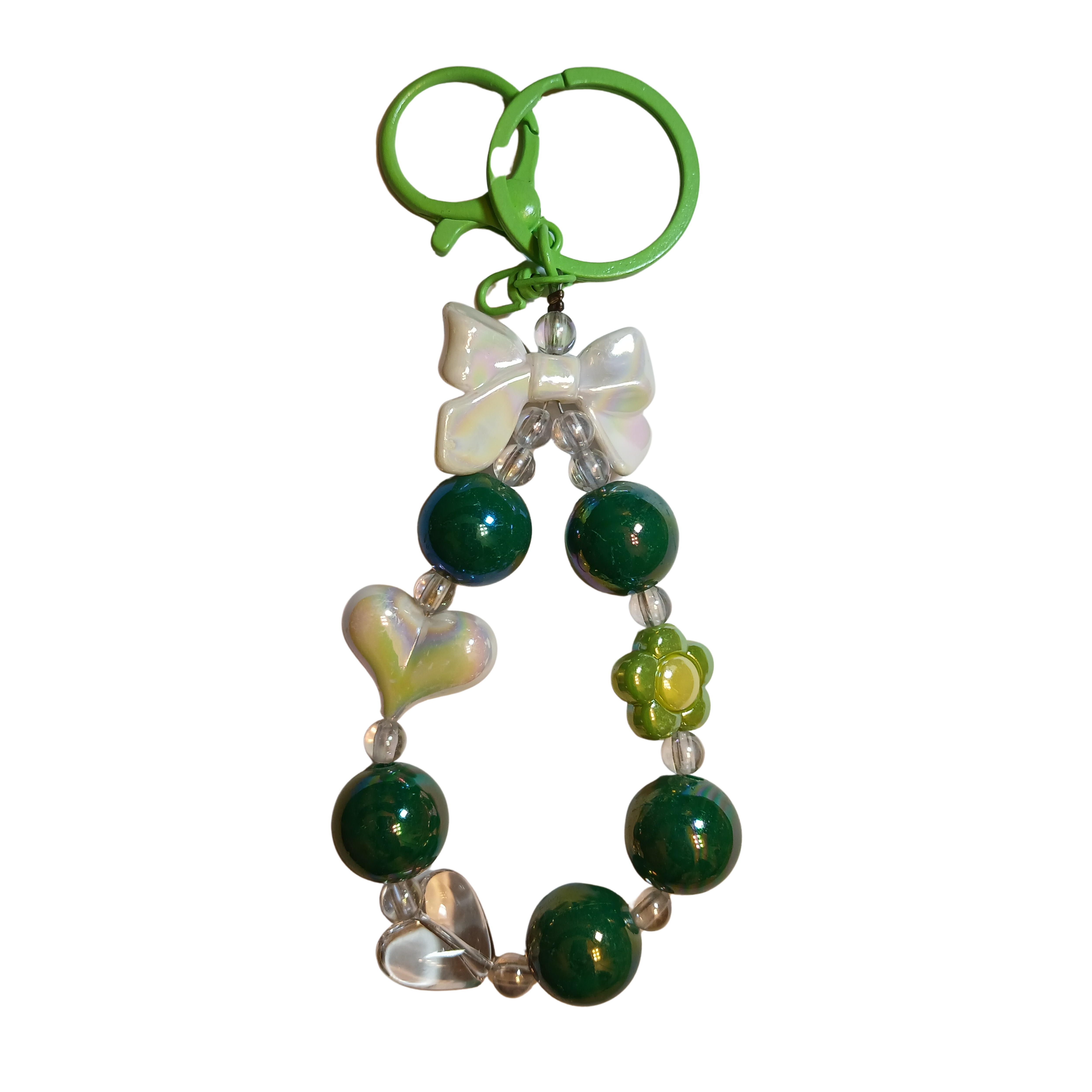 Dark Green Bow & Bead Charm Keychain – Cute Handmade Accessory