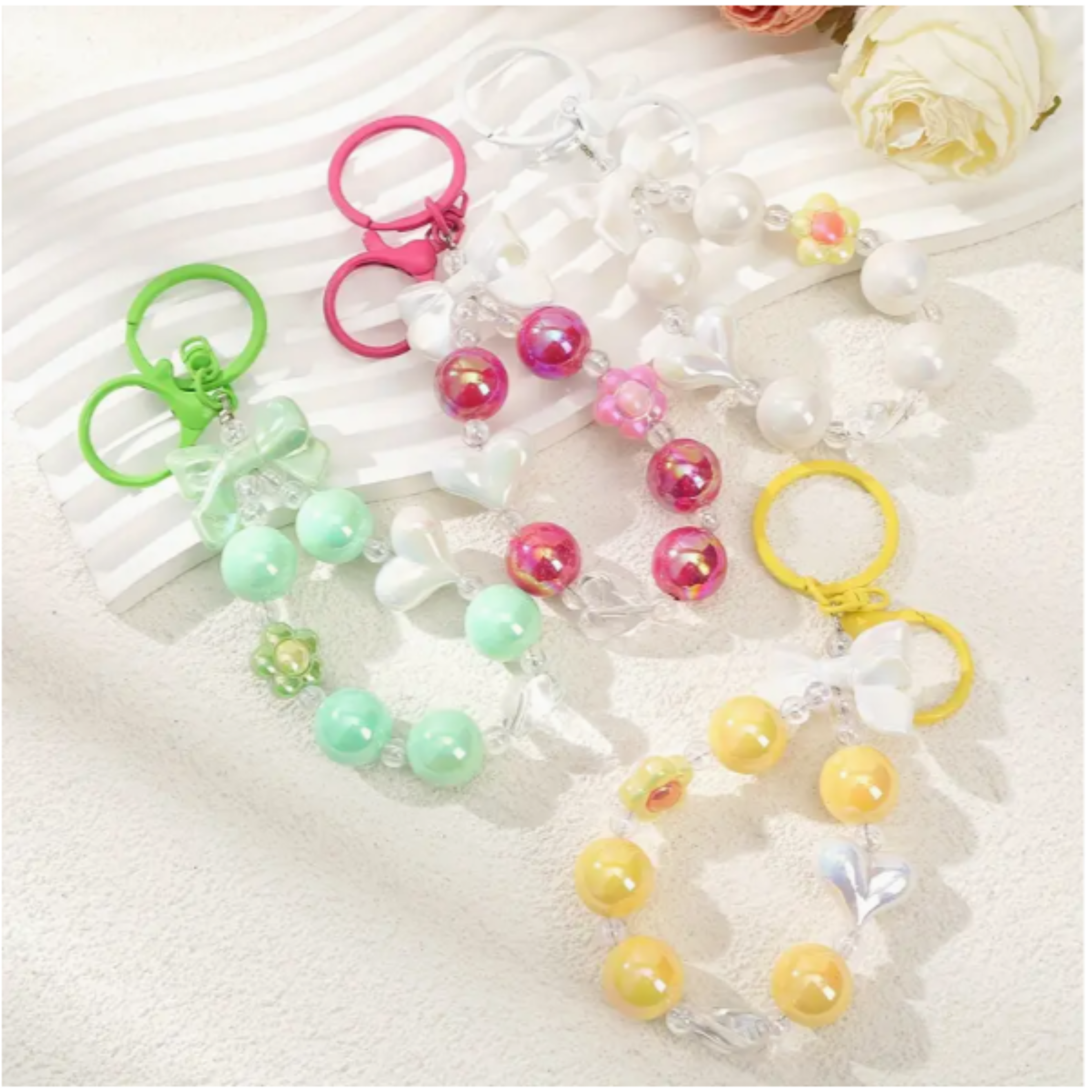 Green Bow & Bead Charm Keychain – Cute Handmade Accessory